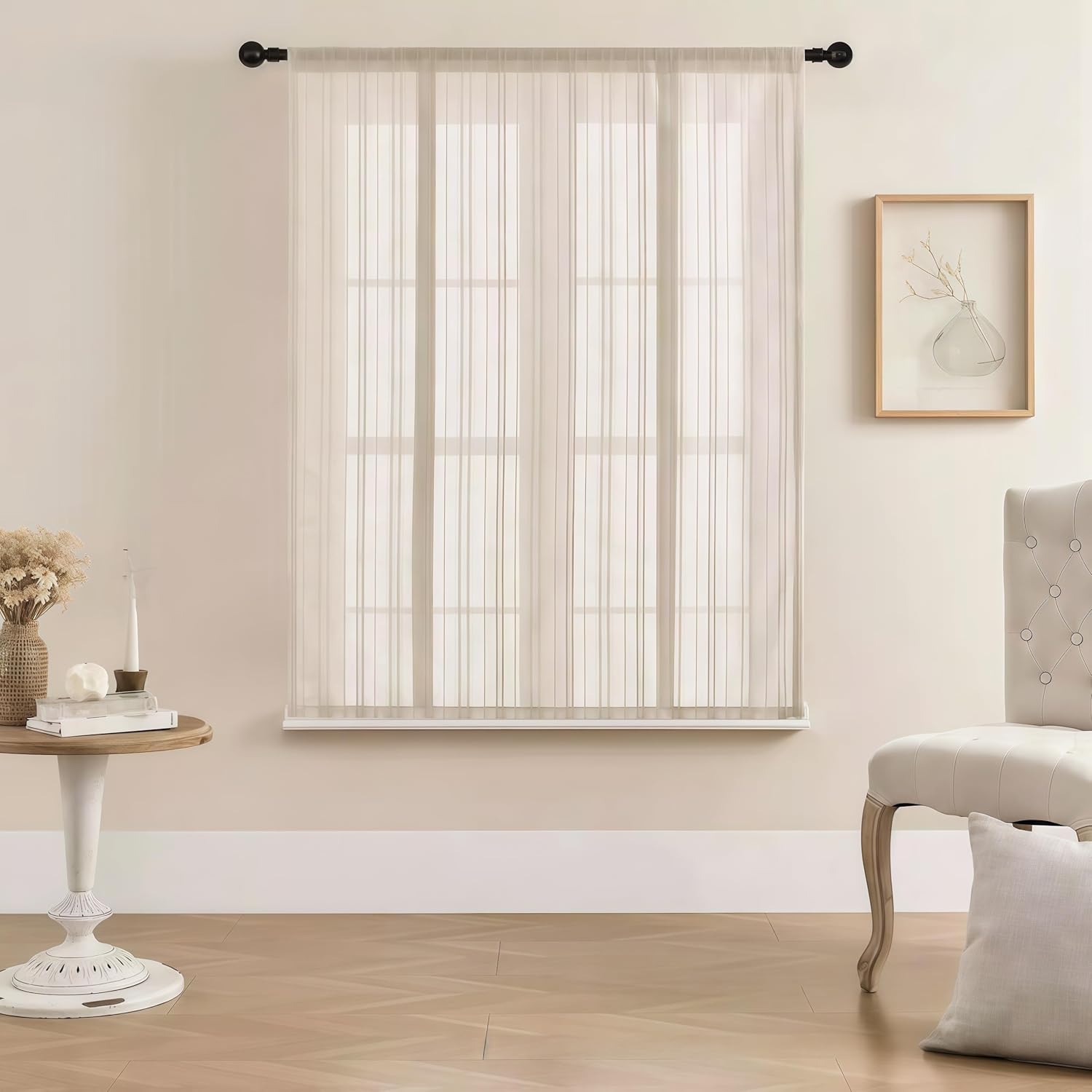 Gxi Beige Striped Sheer Curtain Tie Up Balloon Curtain for Kitchen Bathroom