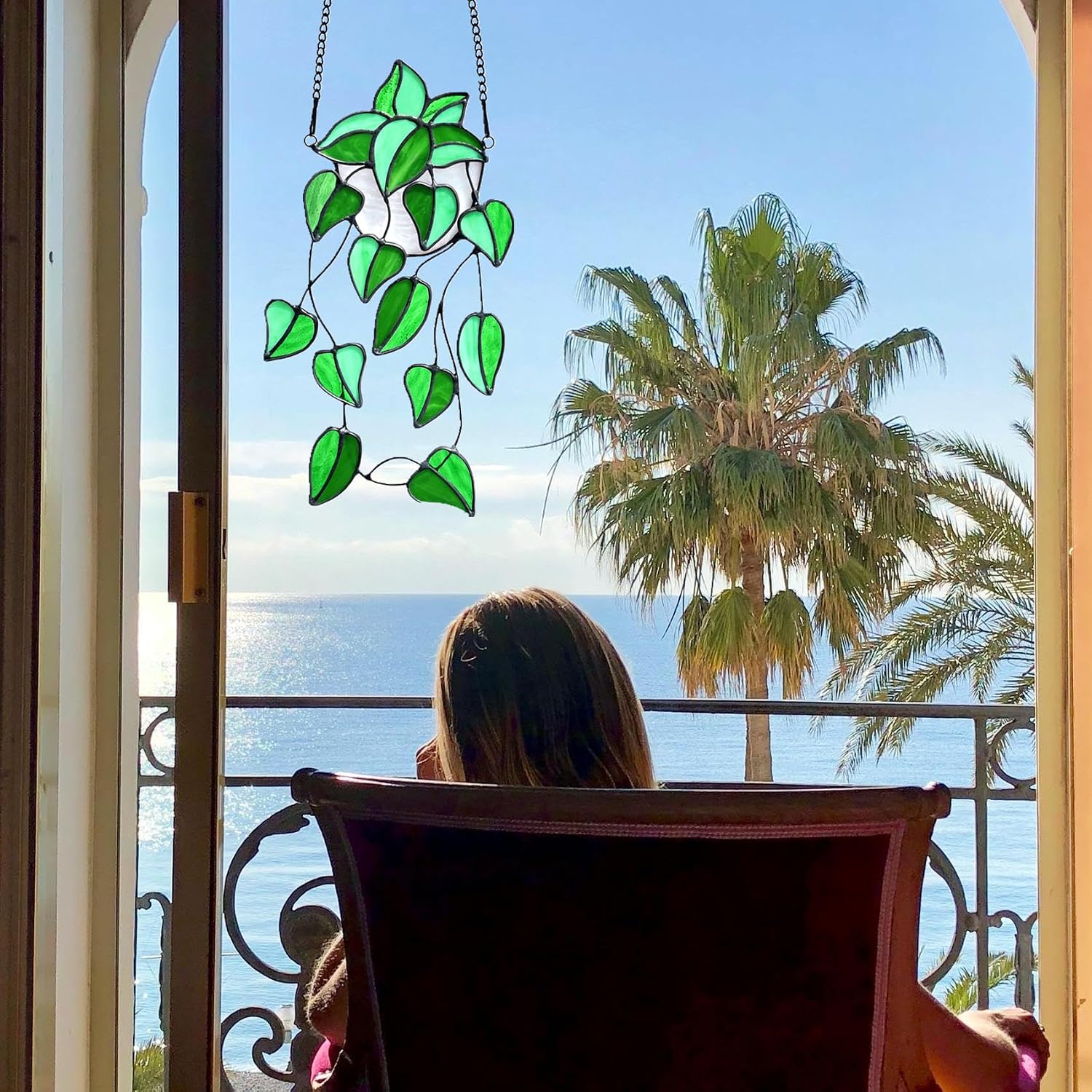 Green Faux Plants Stained Glass Window Hanging Suncatcher, Artificial Plants Decor Gift for Women, Stain Glass Sun Catchers Indoor Window, Handcrafted Home Wall Art Decoration Ornament.