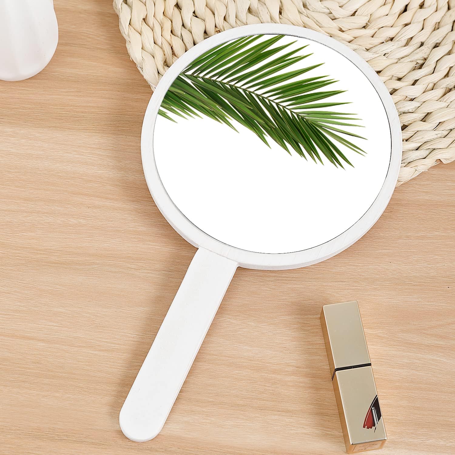JJUUYOU Hand Mirror, Travel Makeup Handheld Mirror 6 Inch Wooden White Mirror with Handle Mirror Round Shape Small Hand Held Mirror