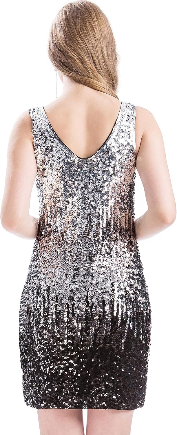 MANER Women's Sequin Dress Sparkly Glitter V-Neck Sleeveless Party Club Cocktail Tank Dress - Image 2