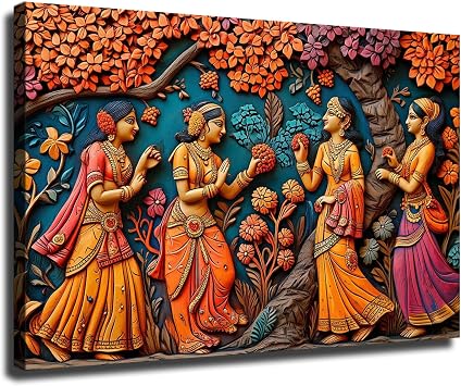 cjkhgdoi Culture of India Painting Canvas Print Wall Art, Women Mughal Dancing In A Garden Large Canvas Wall Art, Ethnic Decor for Room Ready To Hang Unframed,1624 inch