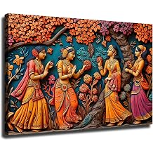 Culture of India Painting Canvas Print Wall Art, Women Mughal Dancing In A Garden Large Canvas Wall Art, Ethnic Decor for Room Ready To Hang Framed,1218 inch