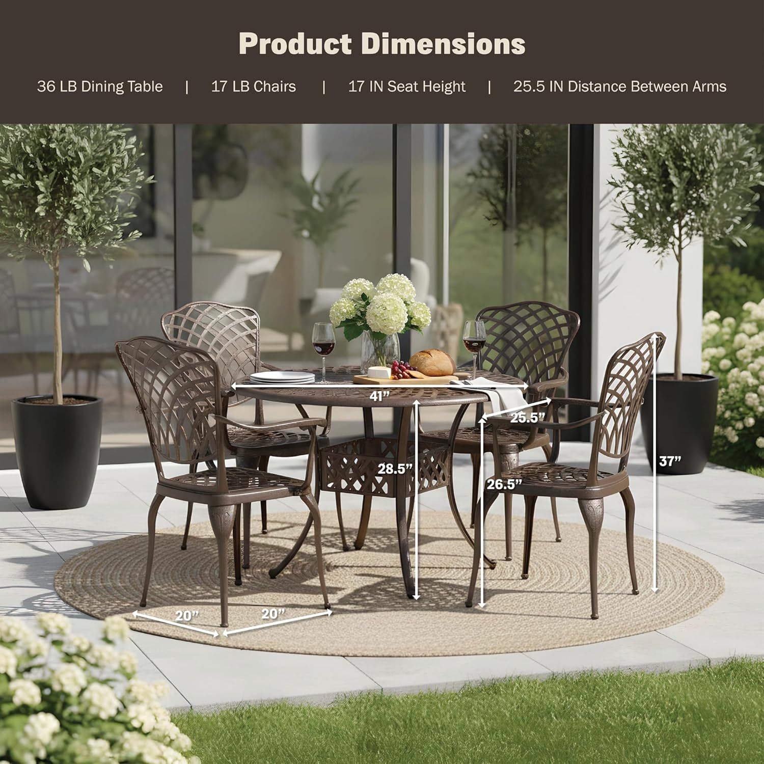 Kinger Home Arden 5-Piece Outdoor Dining Set for 4, Cast Aluminum Patio Furniture, Round Table with Chairs, All-Weather Resistant Outdoor Dining Furniture
