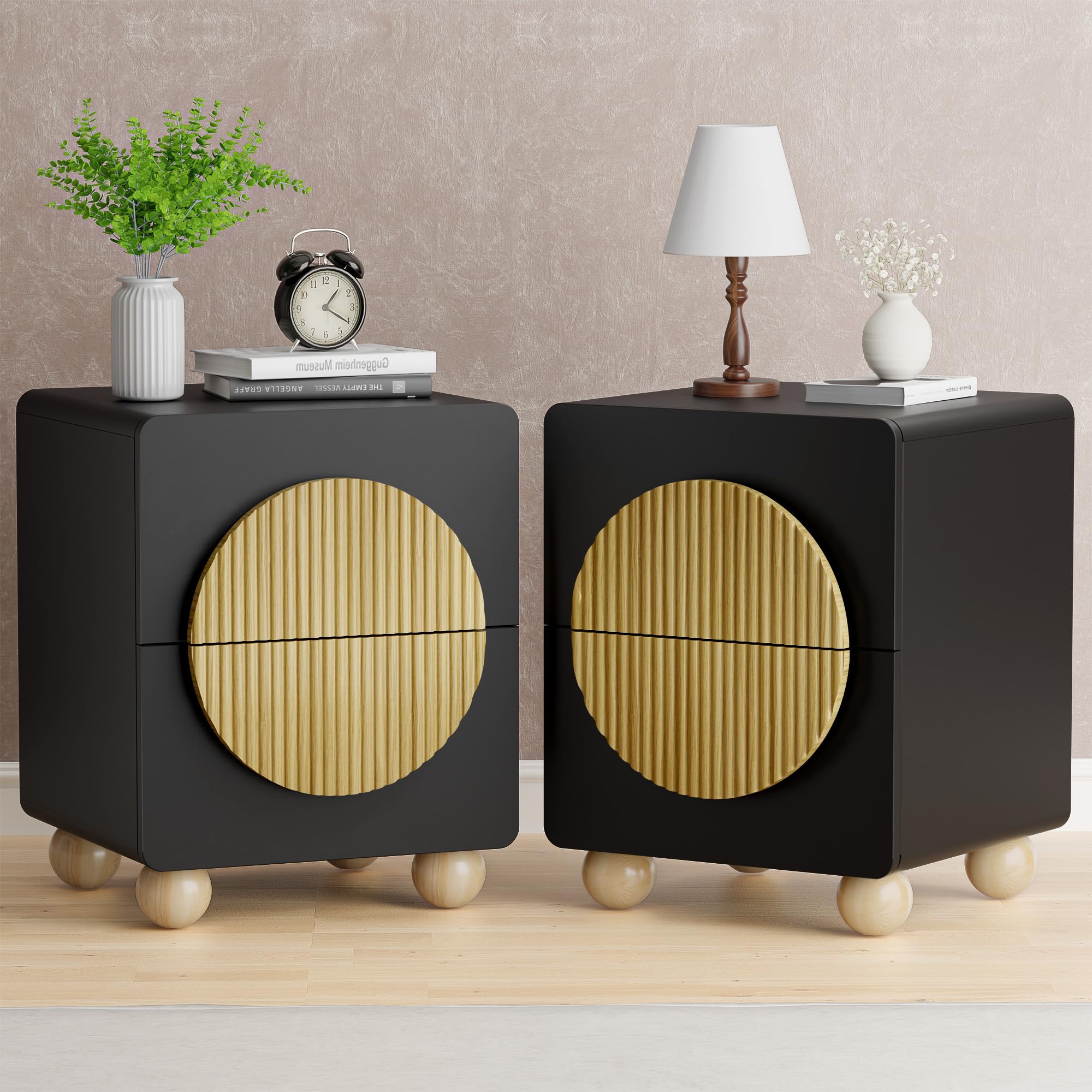 23" Black Nightstand with Solid Wood Legs Set of 2, Modern Style Fluted Bedside Table with Round Moon Handle &amp; Storage, Mid Century Night Stand for Bedroom, Side Table, End Table
