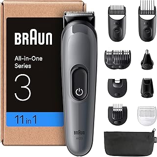 Braun Rifinitore All-in-One Series 3, Rasoio Elettrico Barba e Capelli 11in1, con Lama Ultra Affilata, 14 Lunghezze, 50 Minuti di Autonomia, Styling Facile e Veloce per Viso e Capelli, Aio3565 Grigio