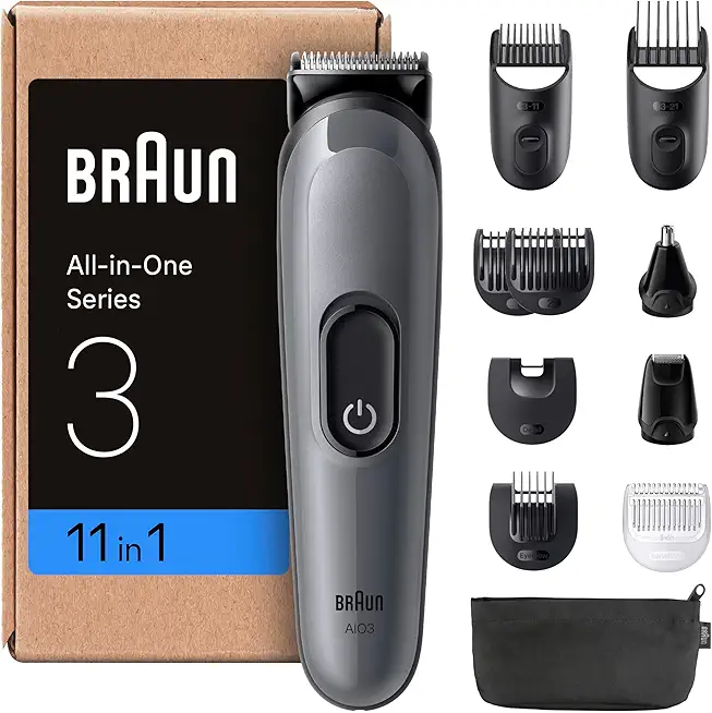 Braun All-in-One Series 7, 11-in-1 Multigroom, Barttrimmer, Nasenhaartrimmer, Haarschneider, Haarschneidemaschine für Gesicht und Kopf, 50 Min Akku, 14 Längen (3–21 mm), Wasserdicht, AIO3565, Grau