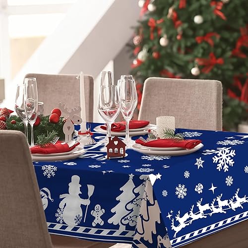 Miniatura 3 de Hexagram Mantel rectangular de Navidad con copos de nieve y ciervos, mantel de Navidad para decoración navideña, decoración de mesa, 52 x 70 pulgadas