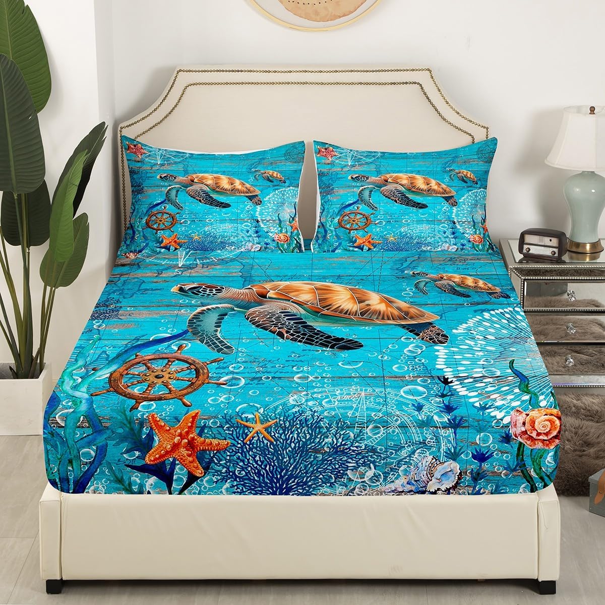 Sea Turtle Bedding Set Twin Size Reptile Animal Bed Set for Girls Teens Bedroom Decor Kids Nautical Theme Fitted Sheet Soft Microfiber Compass Map Bed Cover(1 Fitted Sheet+1 Pillow Case)