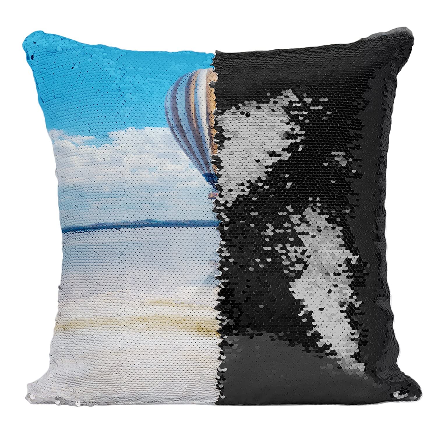Coussin Sequin Magique Paysage Montgolfière Bleu et Paillettes