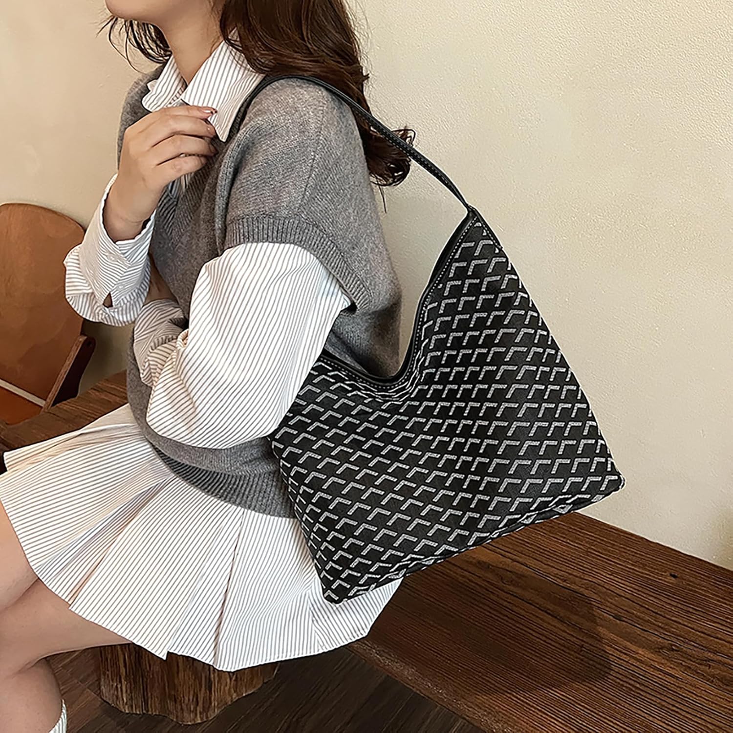 women's shoulder handbags Elegant Hobo Bag Large Purse Geometric pattern Tote Bag Brown color blocking Plaid handbag - Image 6