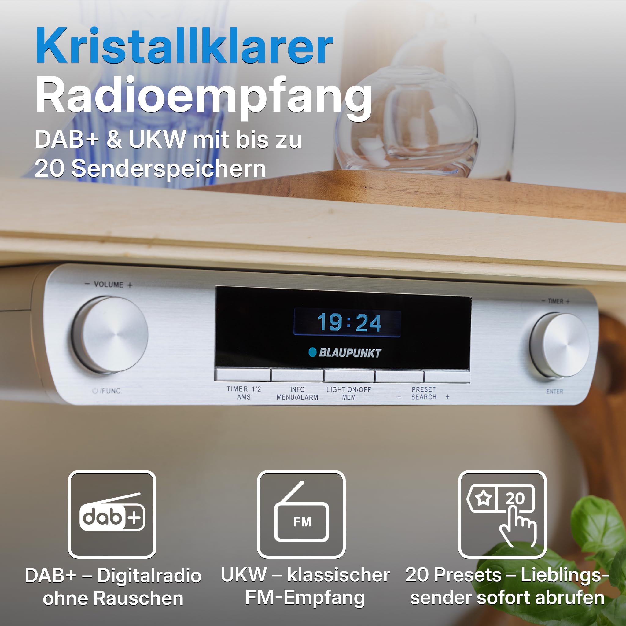 Blaupunkt KRD 30, Bluetooth Küchenradio mit DAB+, UKW PLL, Multidisplay, Senderspeicher, Unterbau Digitalradio mit Uhr, LED Licht, 2 Back Timer, Werkstatt Unterschrank Radio, Silber