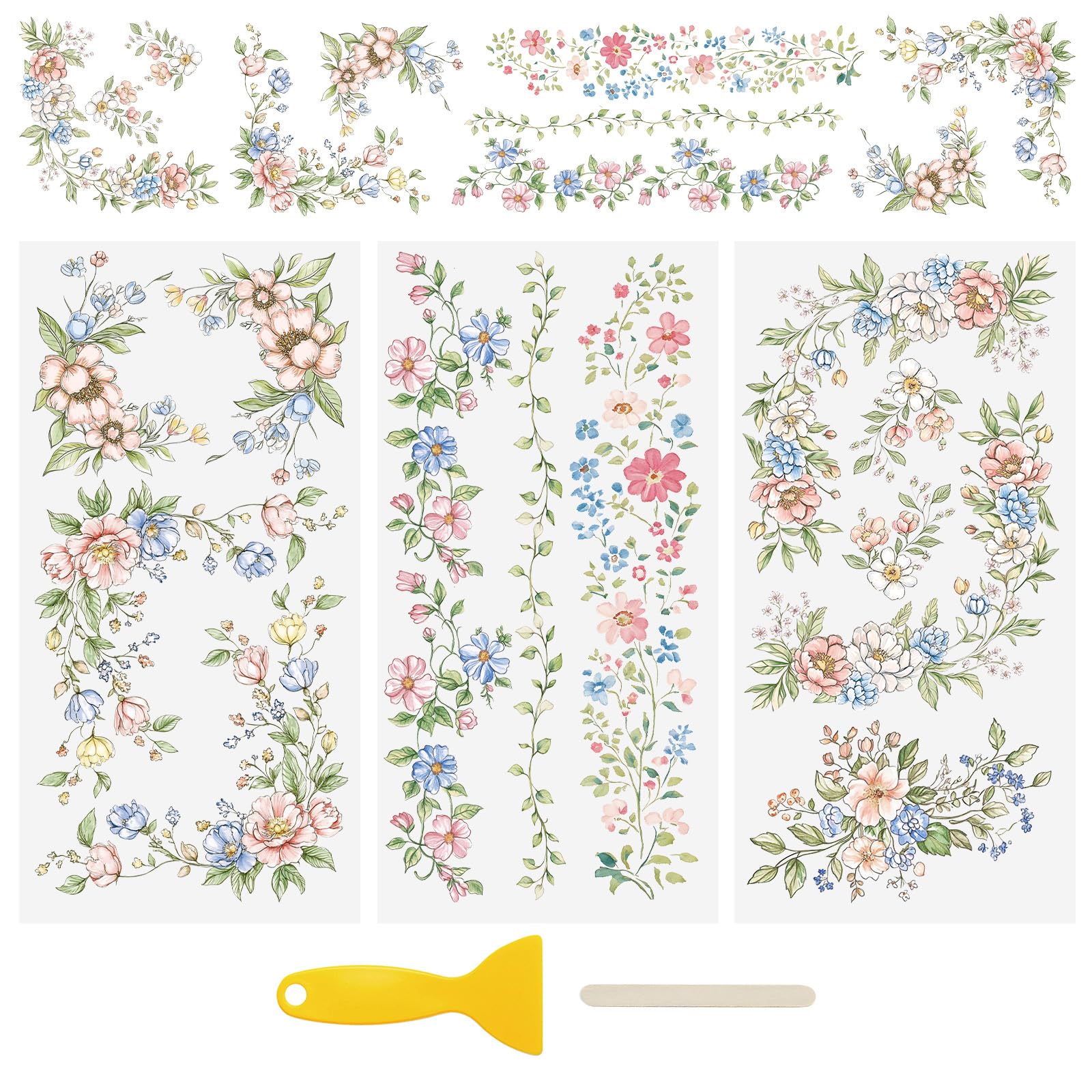 WANDIC 3 Sheets UV DTF Cup Warp Rub on Transfer Stickers,Watercolor Vine Frame Waterproof Decals Scrapbook Stickers for DIY Glass Water Bottle Furniture Crafts,15 * 30cm
