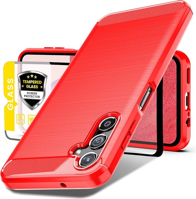 Dretal for Samsung Galaxy A14 5G Case, Galaxy A14 5G with Tempered Glass Screen Protector, Shock-Absorption Brushed Flexible Soft TPU Carbon Fiber Protective Cover for Samsung A14 5G(LS-Red)