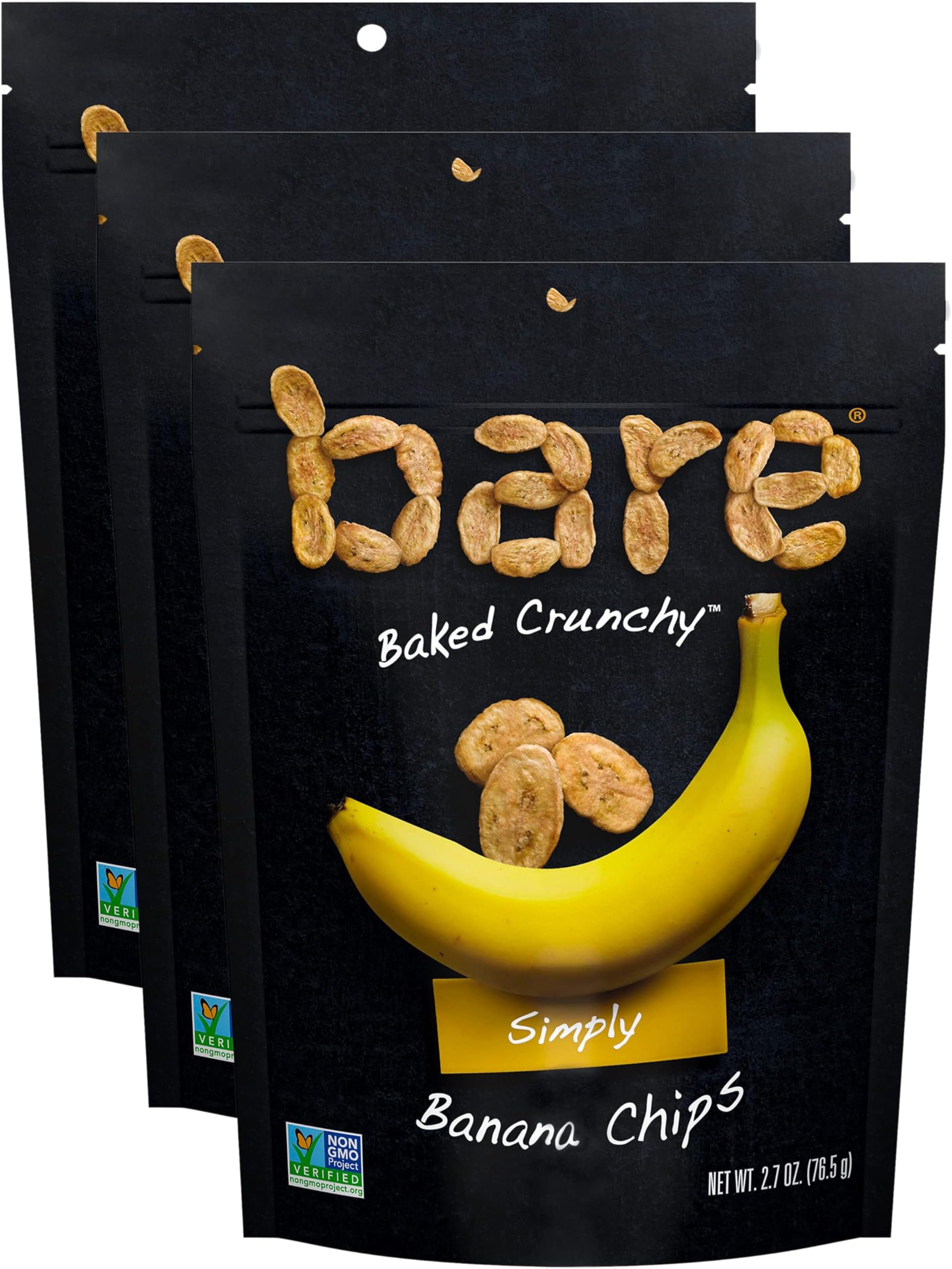 Bare Baked Crunchy Banana Chips, Simply Banana, Gluten Free, 2.7 oz Bag (Pack of 3)