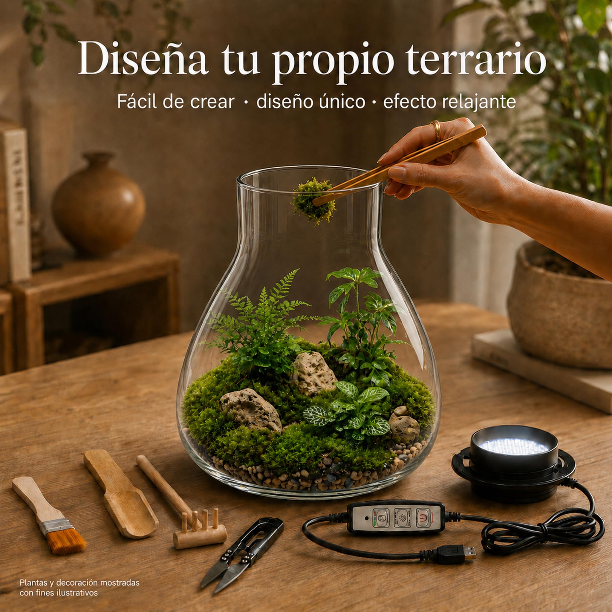 Kit Terrario XL Completo con Luz Smart LED para Jardín Eterno | Kit XL con recipiente 4L, luz Smart LED, herramientas, sustrato, grava, carbón activo y bote de riego antisalpicaduras