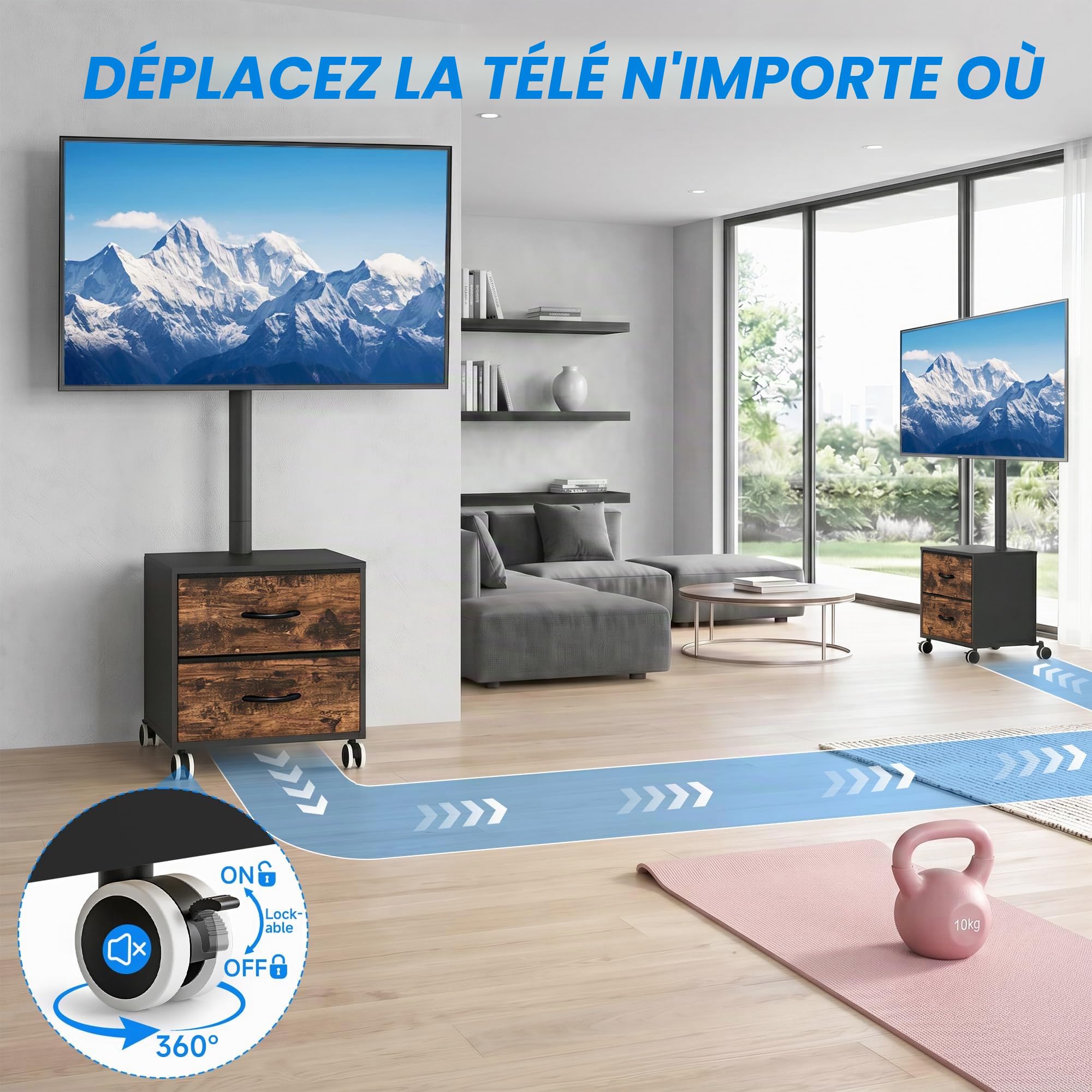 5Rcom Meuble TV à roulettes pour téléviseurs LED LCD OLED Plasma de 32 à 60" - Hauteur réglable avec Support jusqu'à 40 kg - Support TV Mobile avec tiroirs VESA Max 400 x 400 mm (Noir)