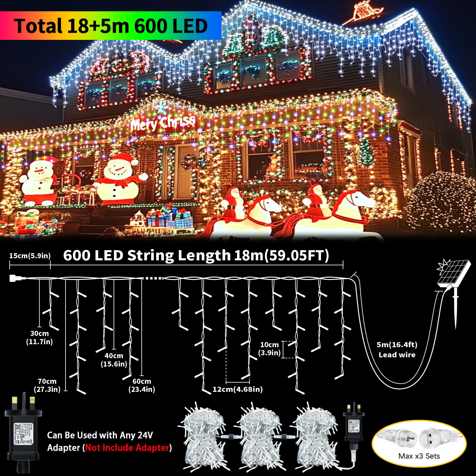RJEDL Outdoor Solar Christmas Icicle Lights 18+5m/75.5ft 600 Led Icicle String Lights with USB Port & Remote Control Solar Hanging Lights Waterproof for Outside Backyard Balcony Decor - Image 2
