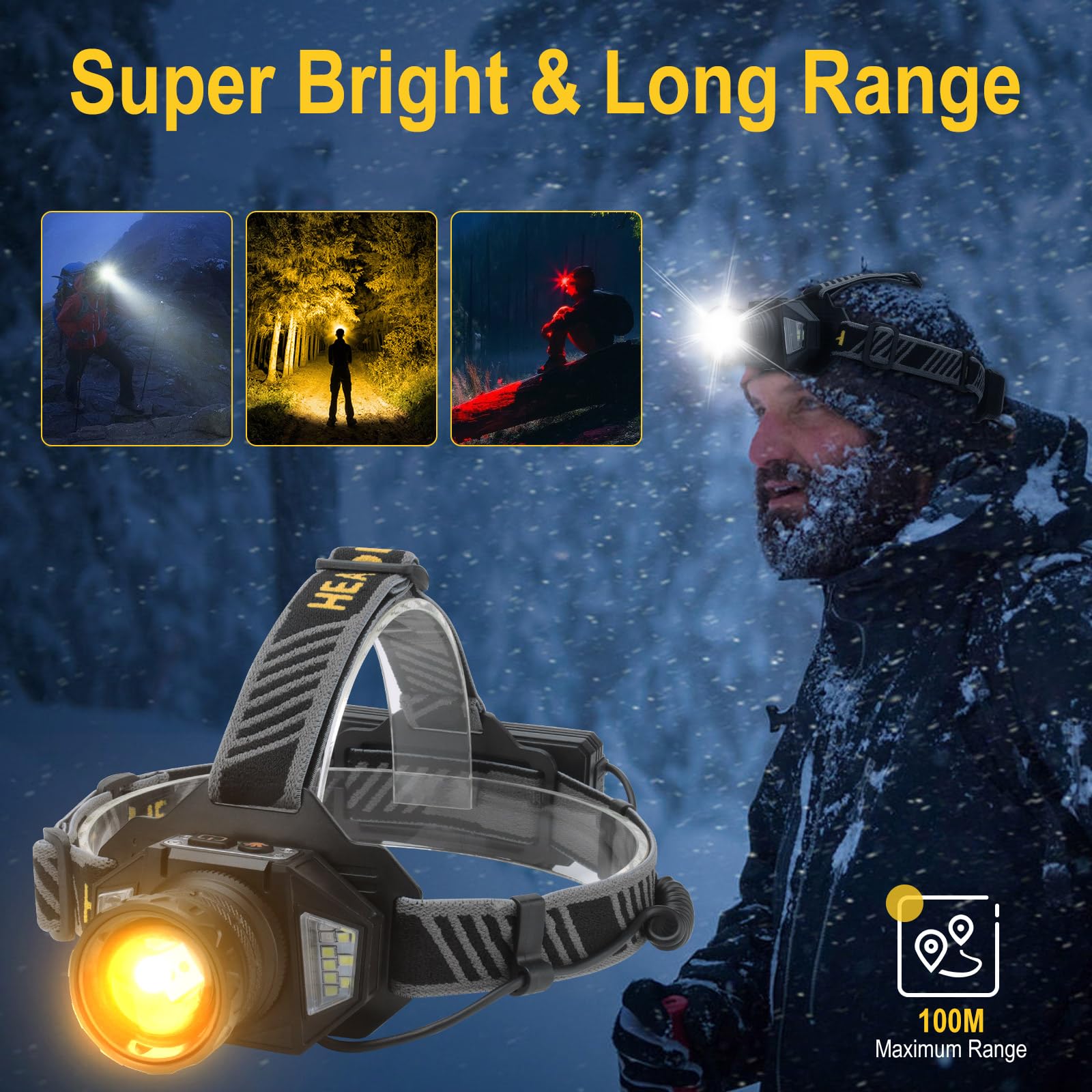 BORUIT Lampada frontale a LED ricaricabile con luce rossa, 10000 lumen, con sensore di movimento, 8 modalità, zoom impermeabile IPX4, per esterni, campeggio, escursionismo, pesca, caccia, corsa