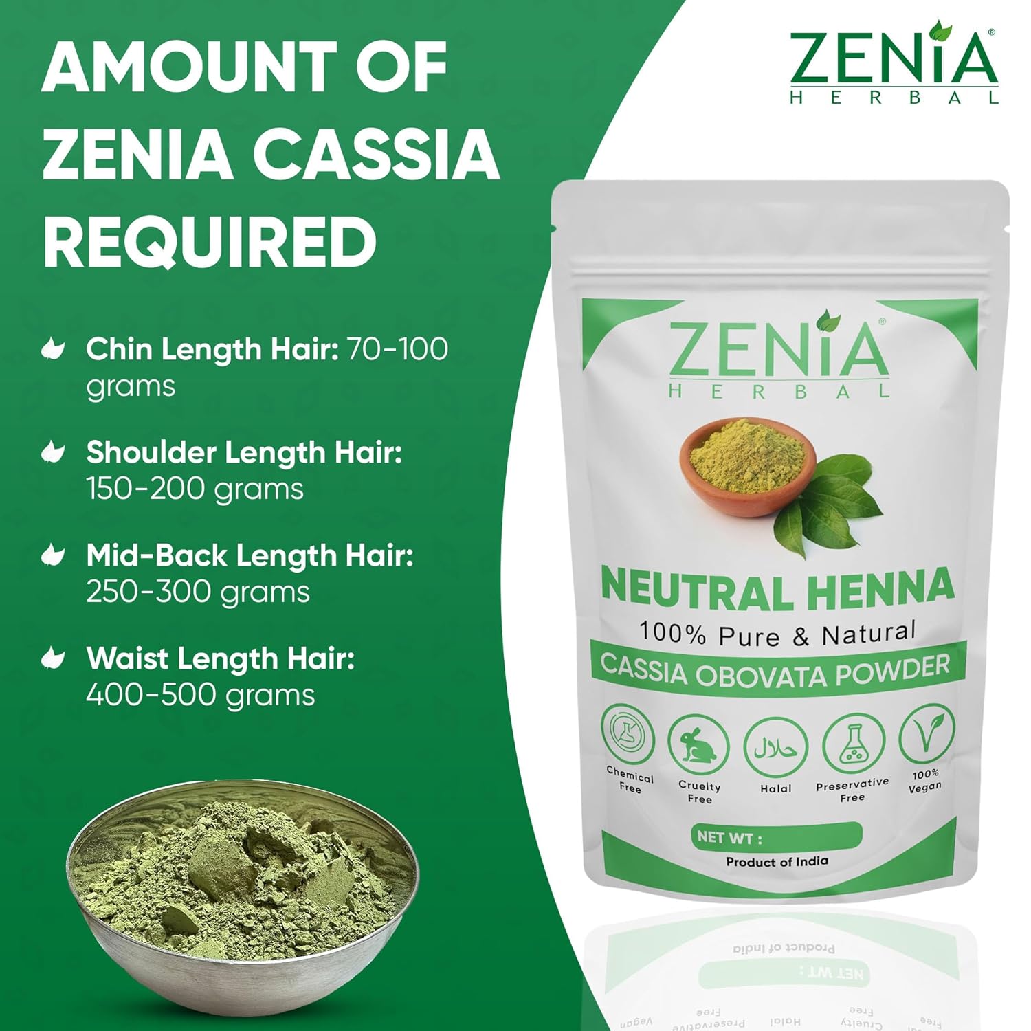 Zenia 100% Pure Neutral Henna Powder (Cassia Obovata) | 2.2lbs (1kg) | Colorless Henna for Hair | Natural Hair Conditioner | for Silky, Soft & Shiny Hair