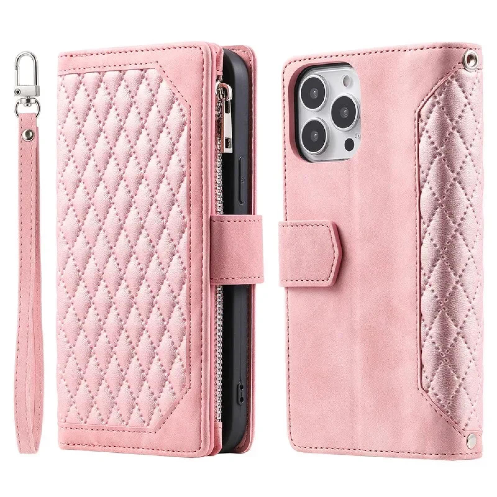 Étui portefeuille iPhone 14 Pro Max rose cuir avec zip et double dragonne - 8