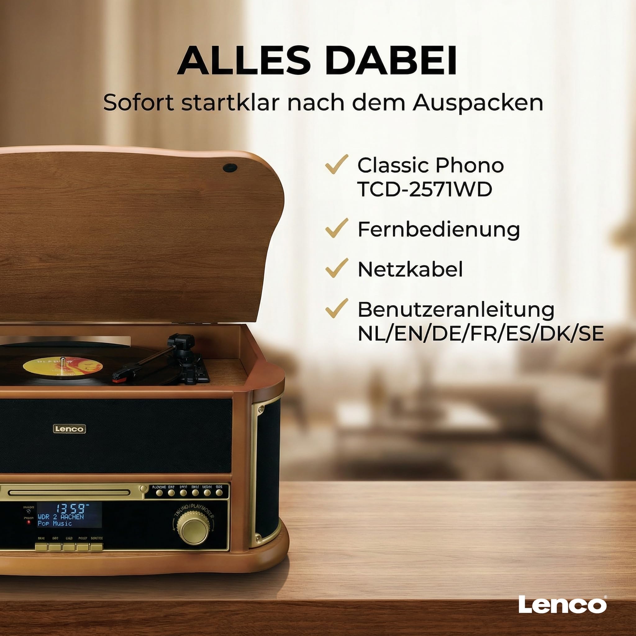 Lenco TCD-2571WD - Plattenspieler mit Lautsprecher & Bluetooth | TCD-2571 - Schallplattenspieler - Vinyl Player - 3 Gang (33/45/78 RPM) - CD-Spieler
