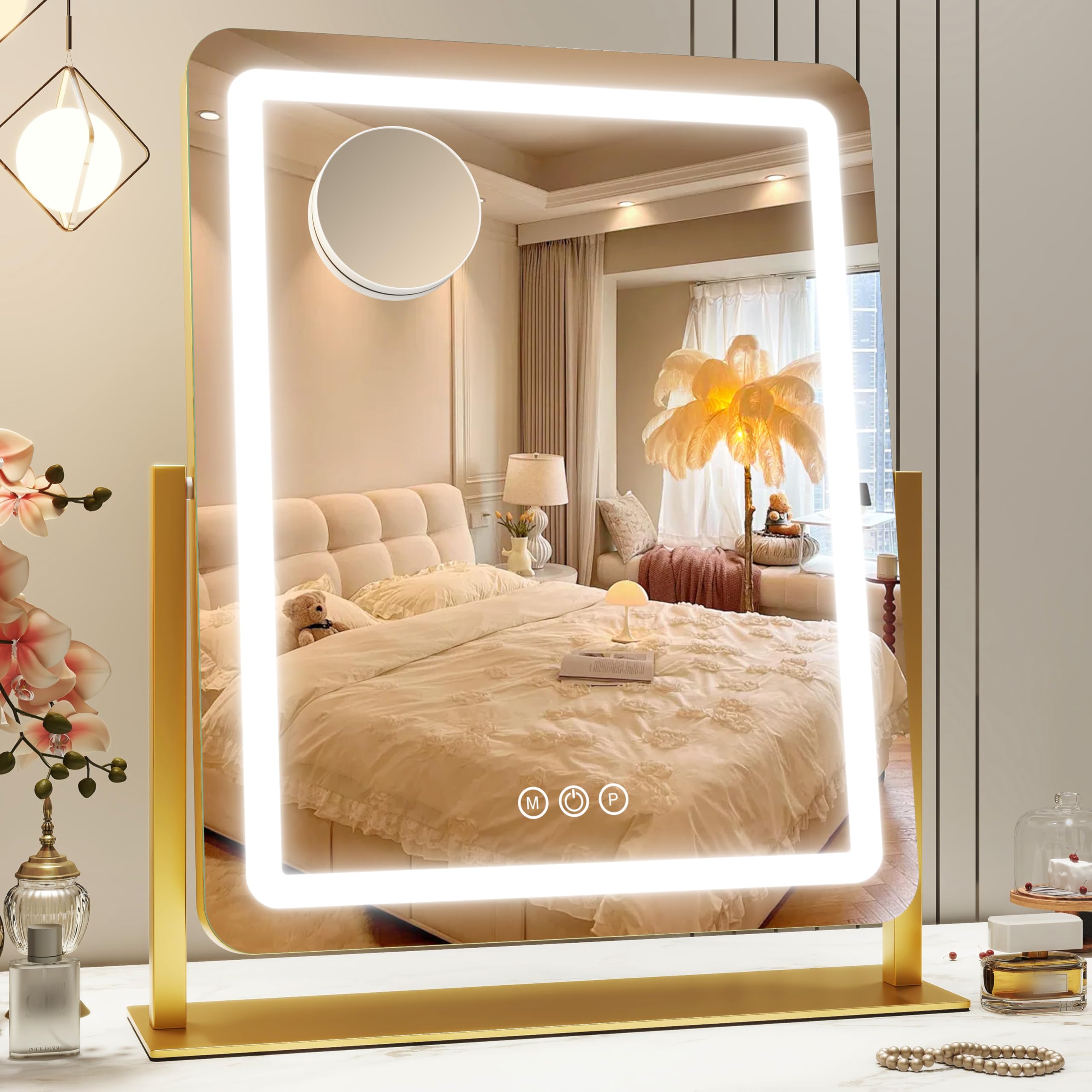ROLOVE Vanity Mirror with Lights, 18"x22" LED Makeup Mirror with 10X Magnification, Smart Touch 3 Colors Dimmable, Light Up Mirror for Makeup Desk, 360° Rotation, Gold