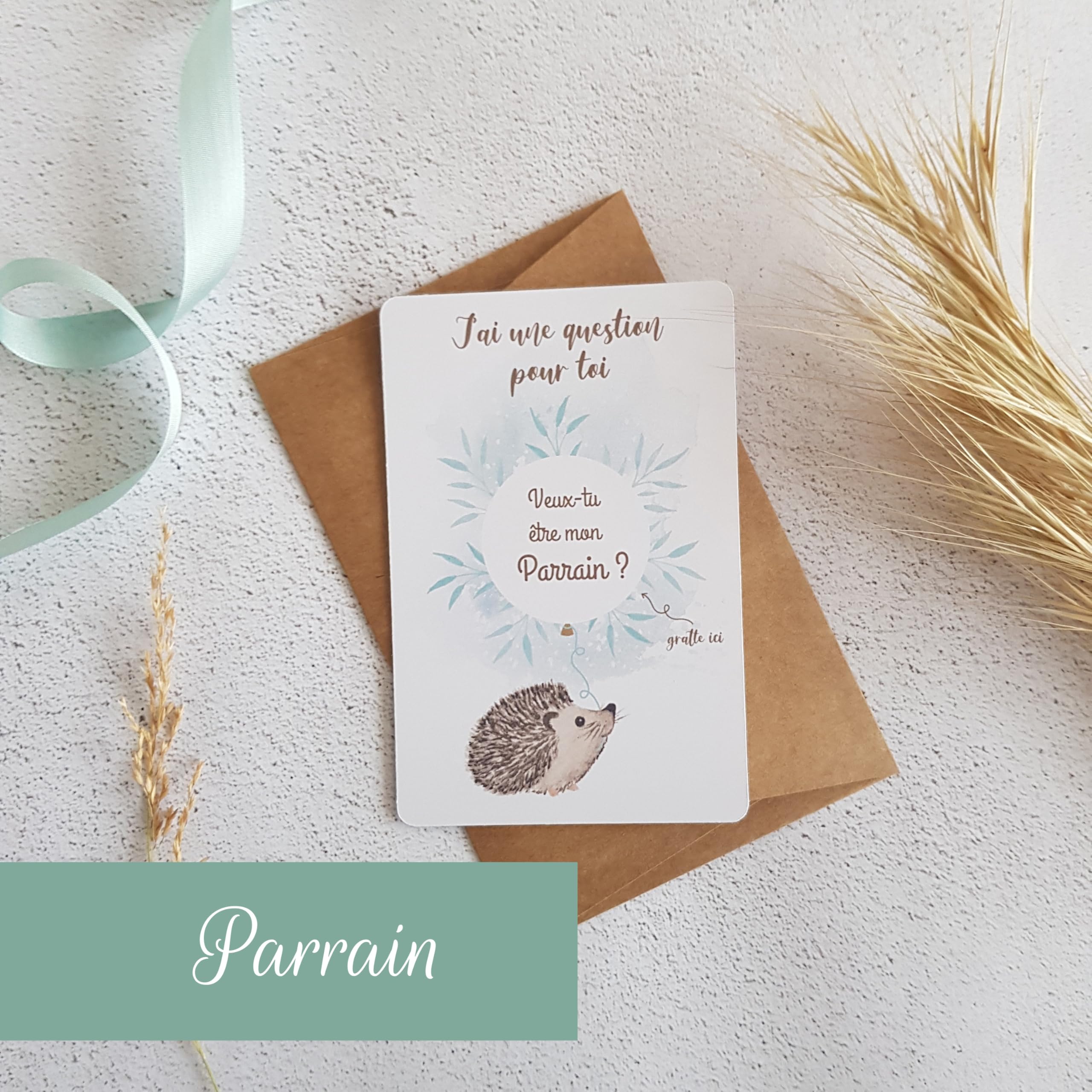 Demandes Parrain 1 carte à gratter avec enveloppes thème hérisson (Parrain)