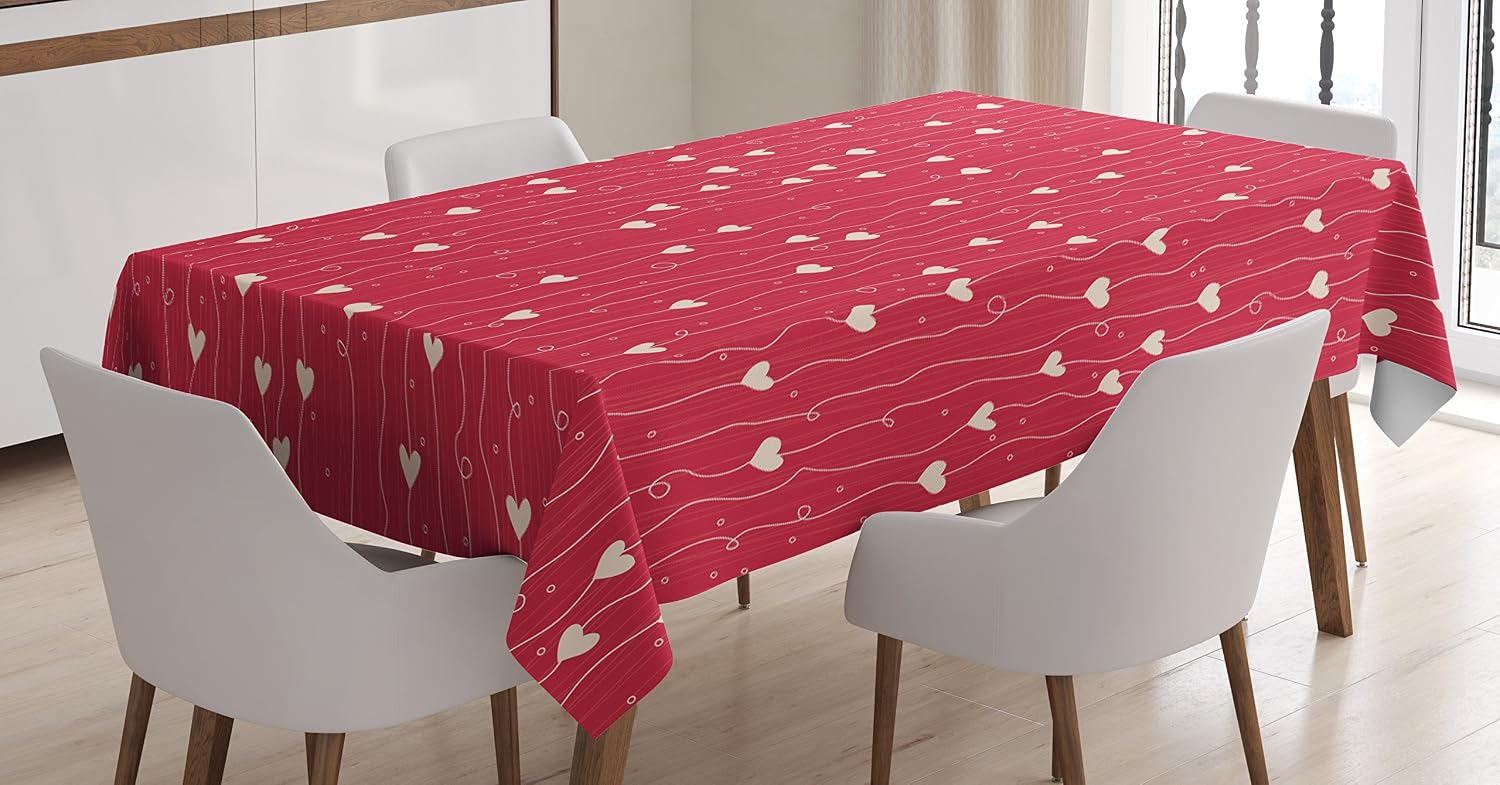 Lunarable Hearts Tablecloth, Valentines Day Themed Pattern with Lines Dots Hearts in Vibrant Colored Image, Dining Room Kitchen Rectangular Table Cover, 60" X 84", Coral Cream