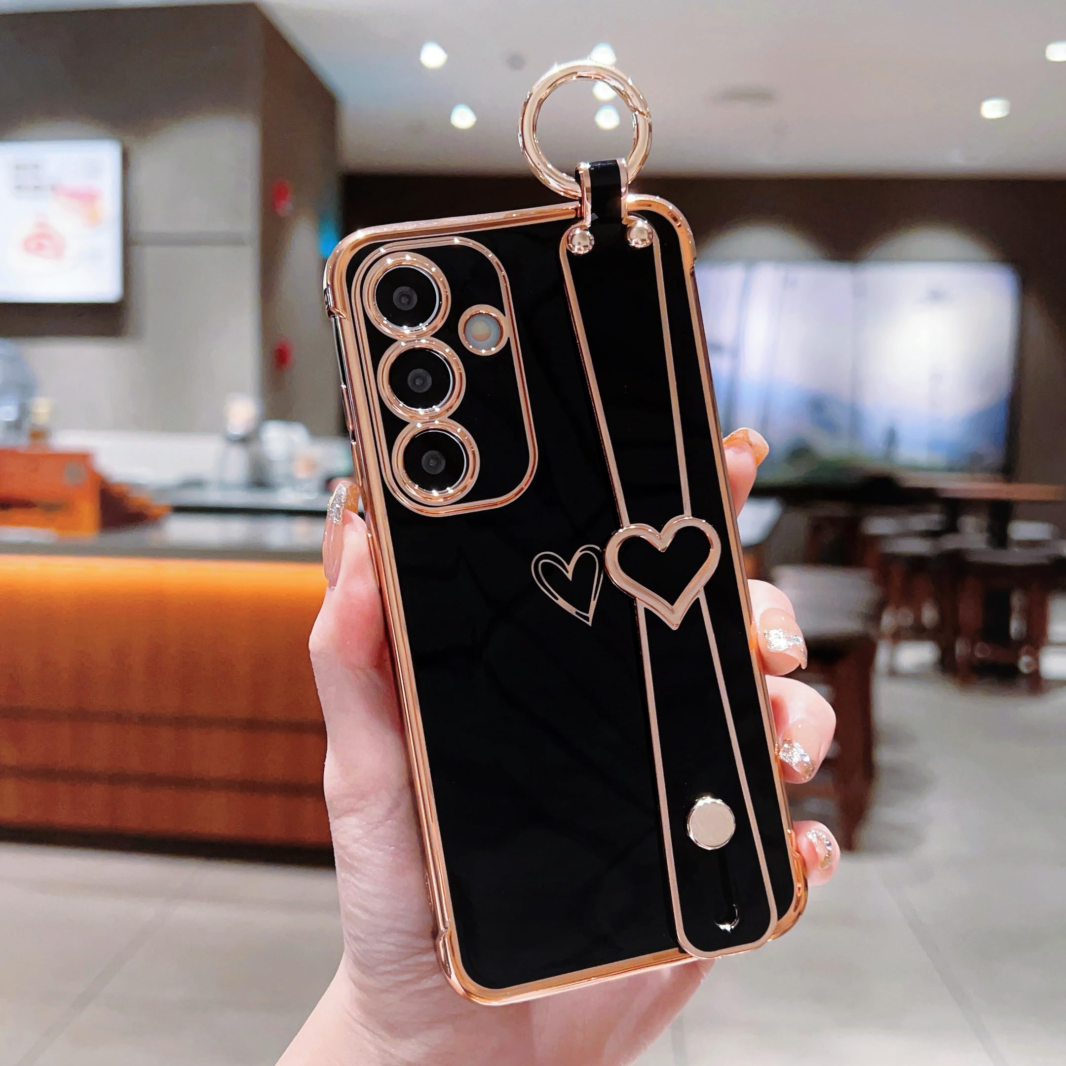 ZTOFERA for Samsung Galaxy S24 Plus 5G Case with Wrist Strap,Luxury Cute Plating Edge Love Hearts Pattern for Girls Women, Finger Holder Kickstand Soft Shockproof Phone Case for S24 Plus 6.7",Black