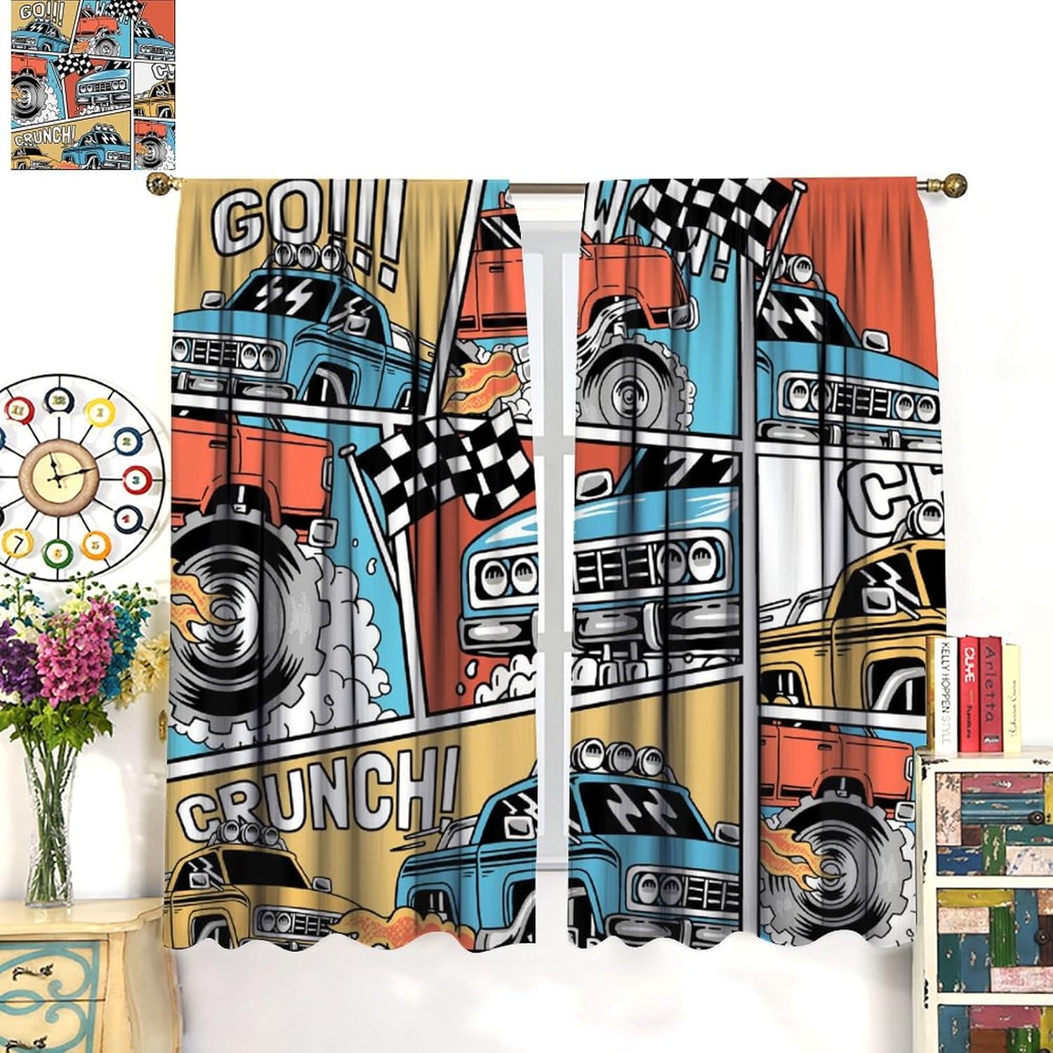 Vintage Cartoon Car Curtains for Kids Boys Bedroom Decor Funny Pop Art Colorful Cartoon Comic Book Print Blackout Rod Pocket Window Drapes for Living Room Kitchen Cafe Decor W21xL45in 2 Panels