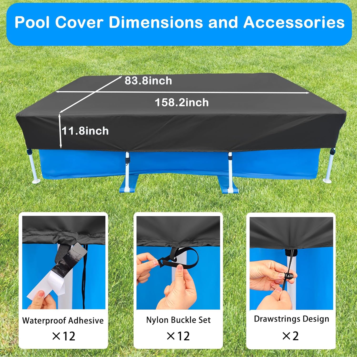 157 X 83 inch Balck Rectangular Pool Cover 13 x 7 ft Rectangle Outdoor Pool Covers Above Ground 13.12 * 6.92FT Winter Pool Cover for Above Ground Pools Tear Resistant Dustproof Heater