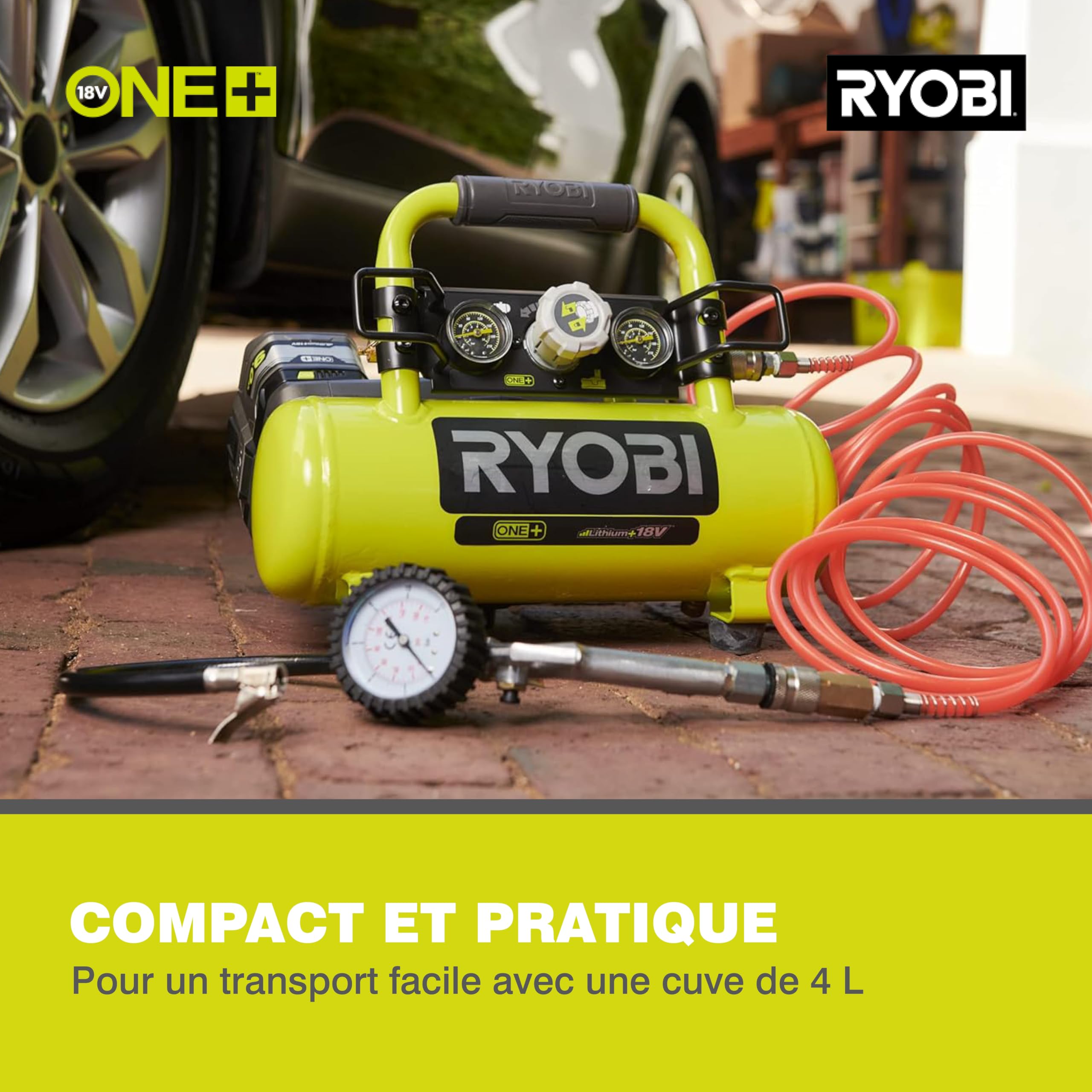 RYOBI - Compresseur d’Air Sans Fil 18V ONE+ R18AC-0 – Pression Max 8,3 Bars, Compact, Léger et Puissant, Idéal Gonflage Pneus, Outils Pneumatiques et Travaux de Bricolage – Batterie Non Incluse