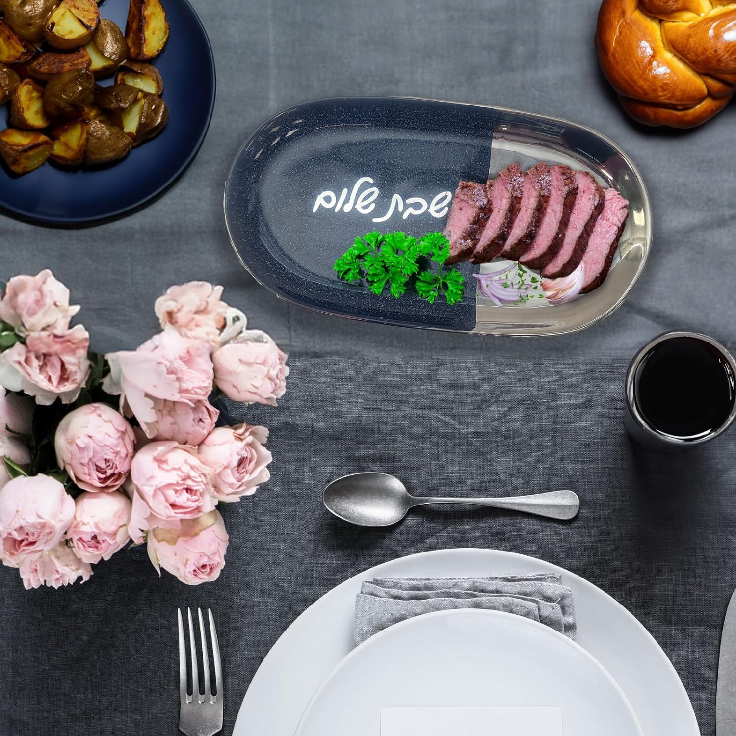 Rite Lite Shabbat Shalom Serving Tray | Elegant Jewish Shabbos Gifts Hostess Hebrew Shabbat Table Centerpiece Judaica Kitchen Table Cooking Accessories Jewish Home Decor Gifts 13" L (Silver & Navy)