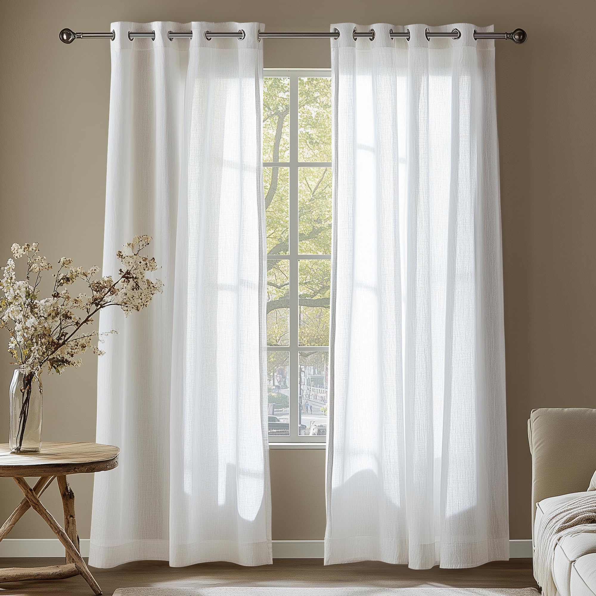 Deconovo Linen Look Net Curtains for Windows Semi Sheer Voile Curtains with Eyelets, 55 x 72 Inch, White with Natural Fleck