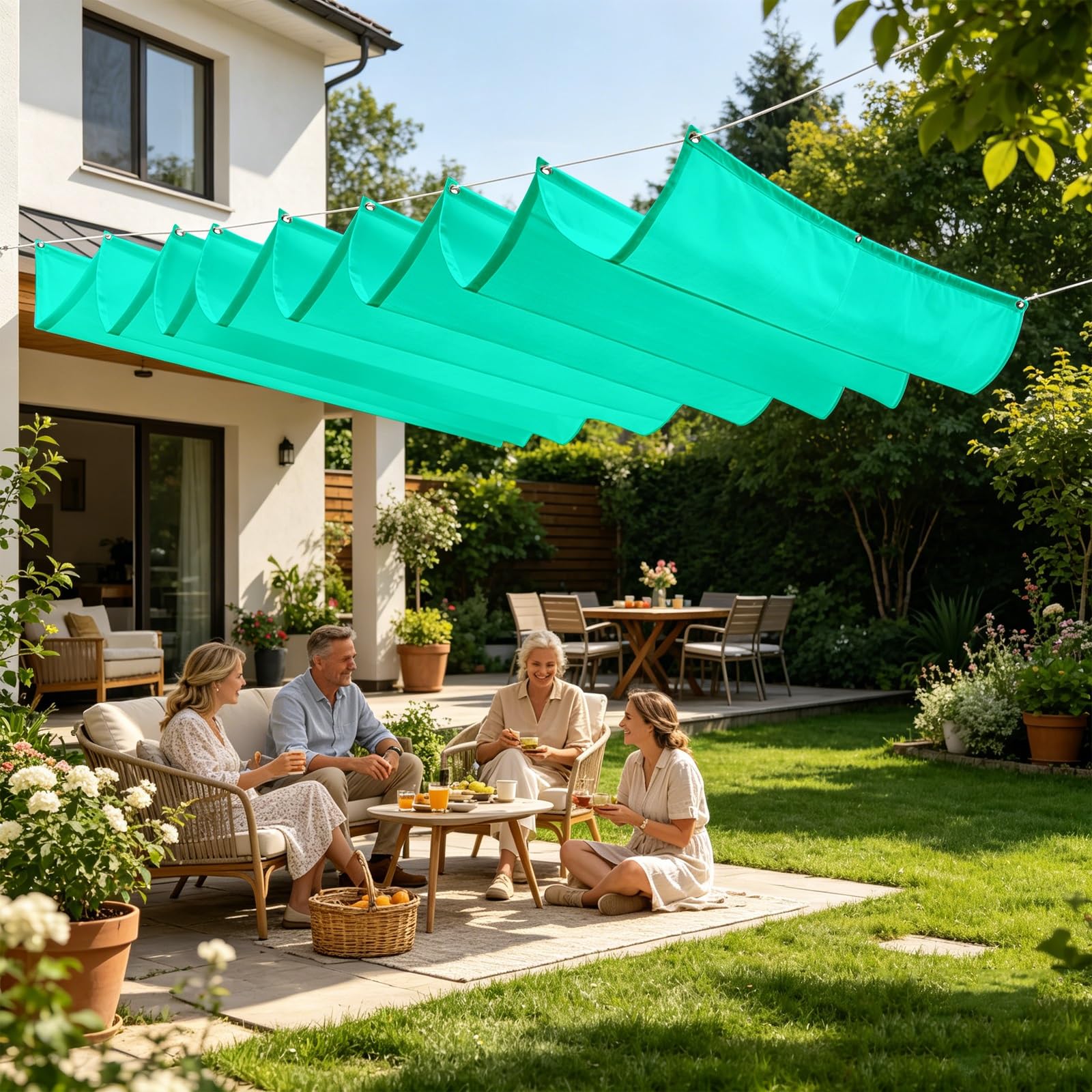 Toldo Retráctil Ondulado 1.2 x 8 m con Ojales y Cuerda, Vela Sombra Impermeable y Rectangular con Bloqueo UV y Resistencia a Desgarros para Jardín Porche Patio Barbacoa, Azul Cielo