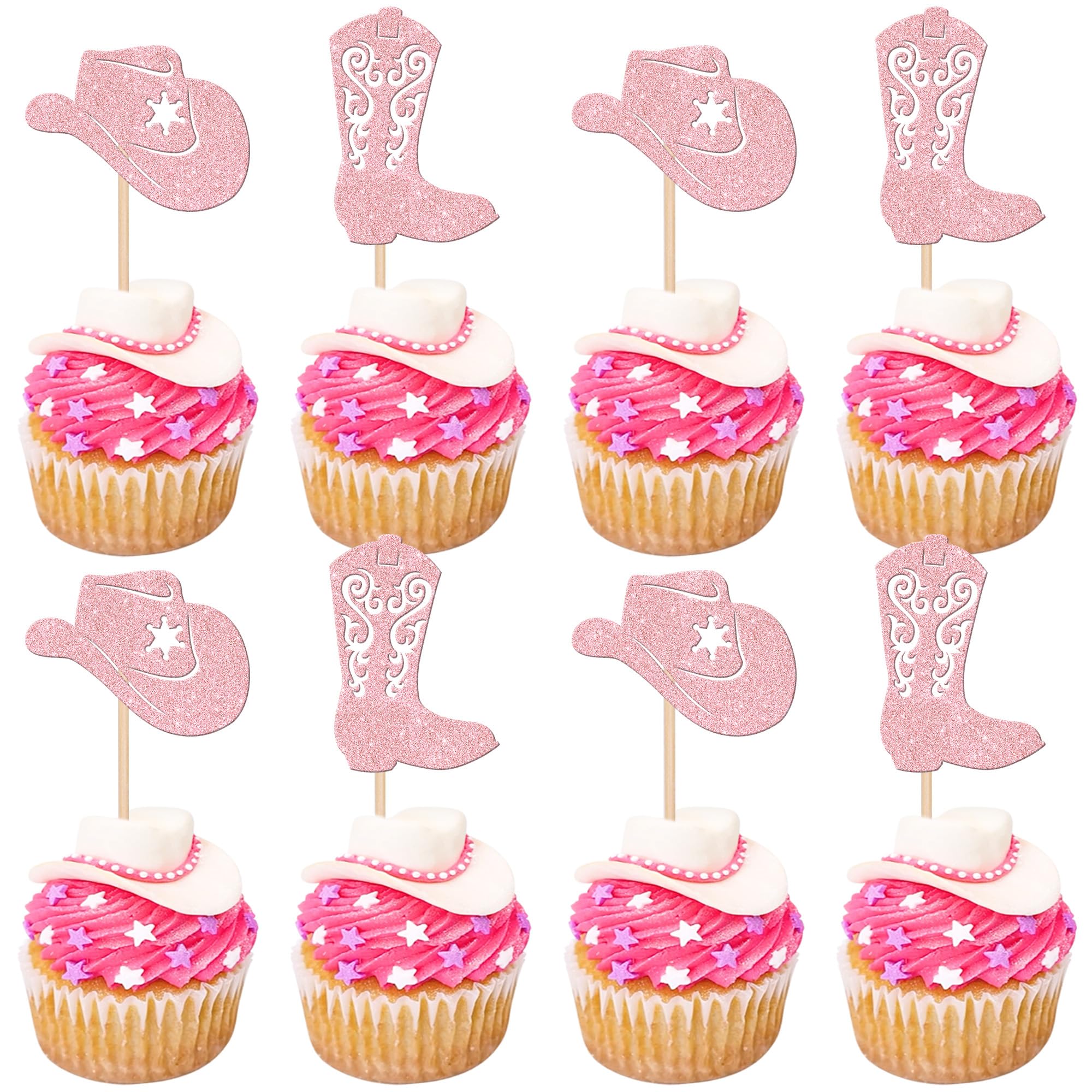 24 PCS Cowboy Cupcake Toppers Glitter Cowgirl Hats Boots Cupcake Picks Western Party Decorations for Boys Girls Western Theme Baby Shower Birthday Party Cake Decorations Supplies Light Pink
