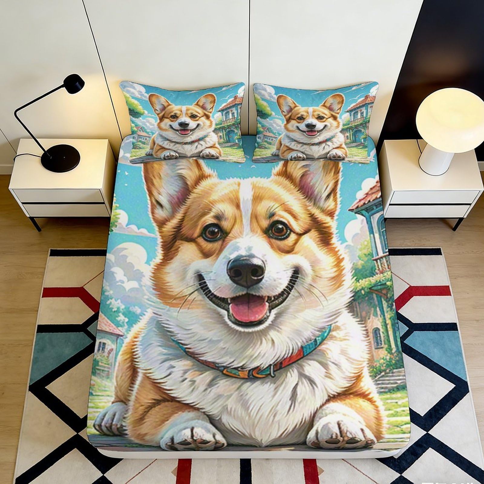 3D Printed Cartoon Corgi Fitted Sheet Microfiber Non-slip Mattress Cover Dog Pattern Bedroom Decor Machine Washable 120x200x25cm