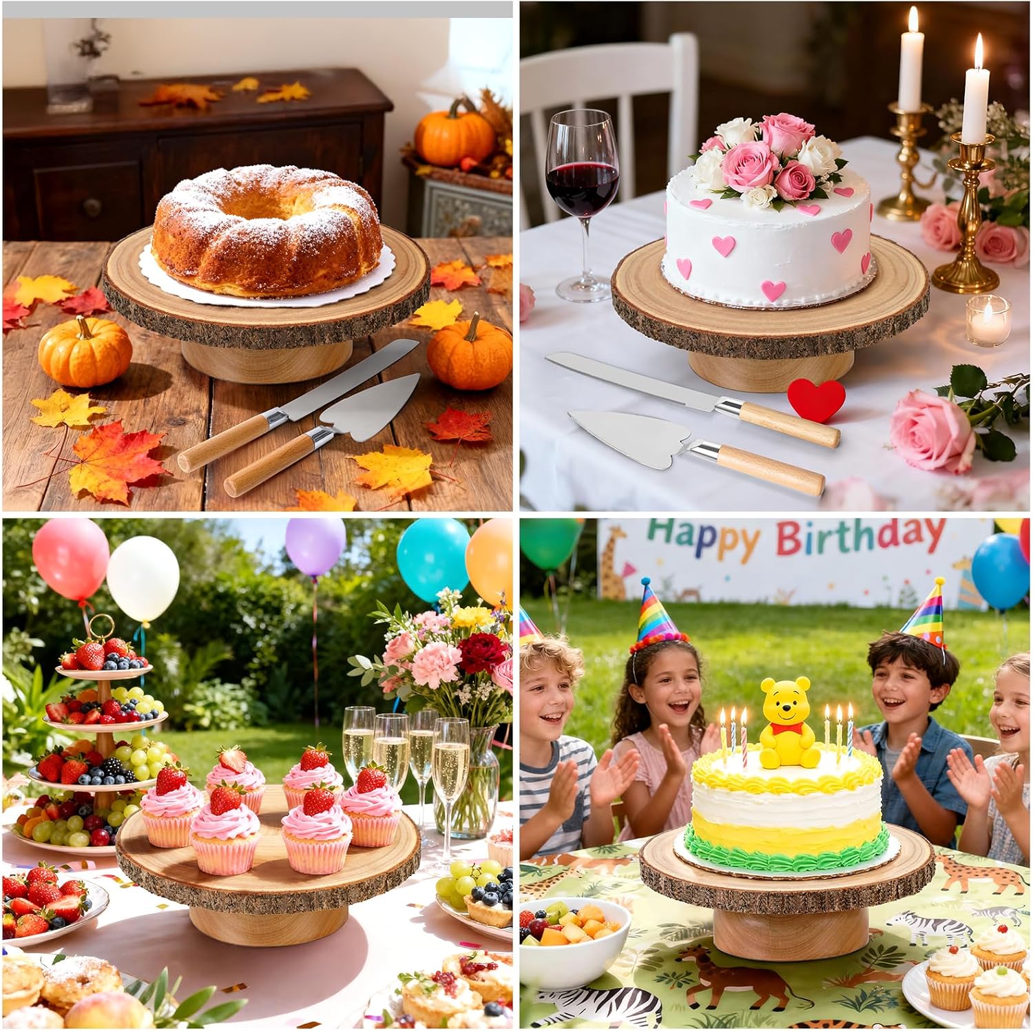 Cake Turntable 12" Wooden Cake Stand with Cake Cutting Set Rustic Cake Stand for Wedding/Party/Baby Baptism/Reception Event/Rotating Cake Display Stand