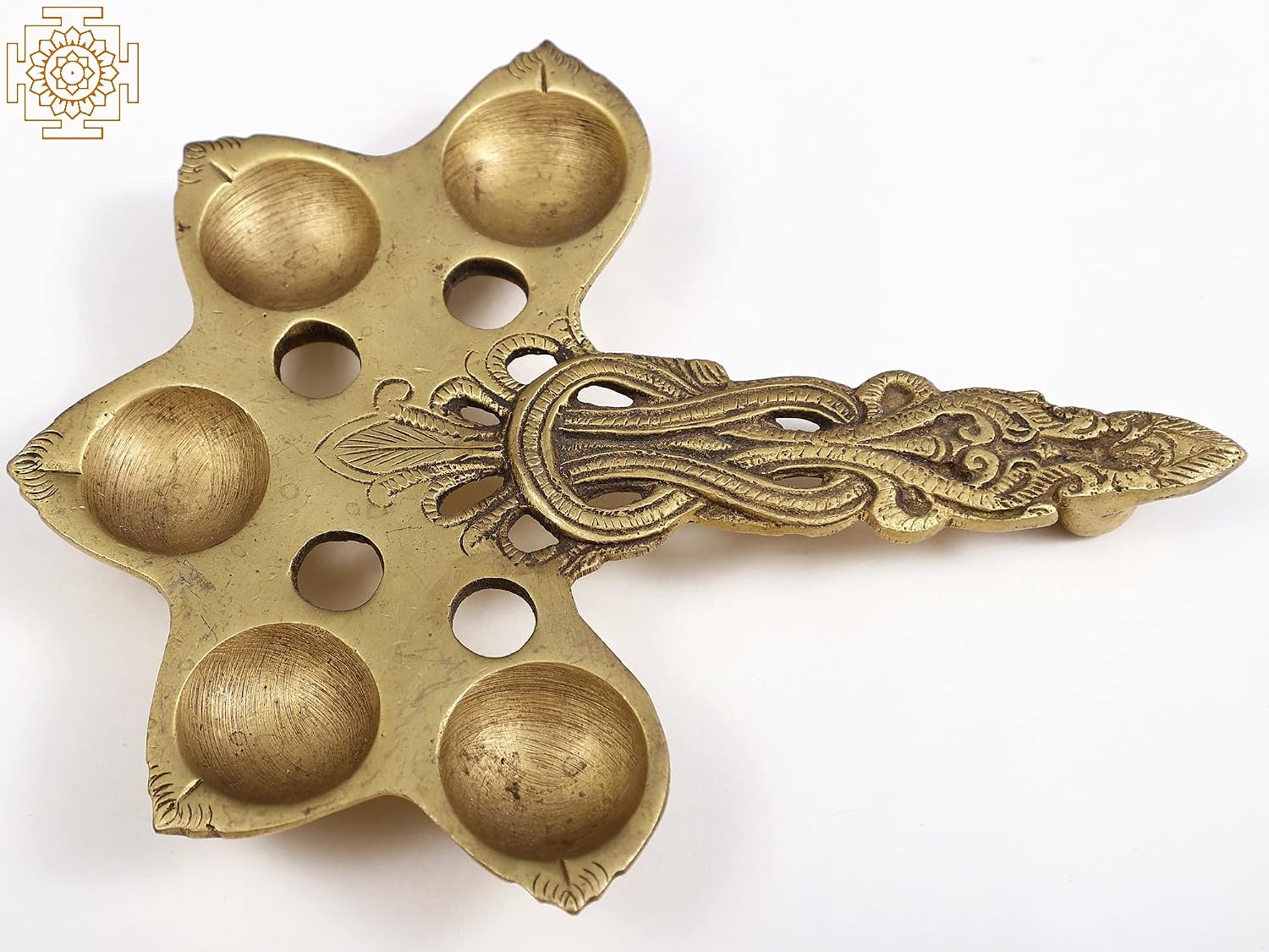 Exotic India 7" Brass Five Wicks Handheld Arti Lamp - Brass