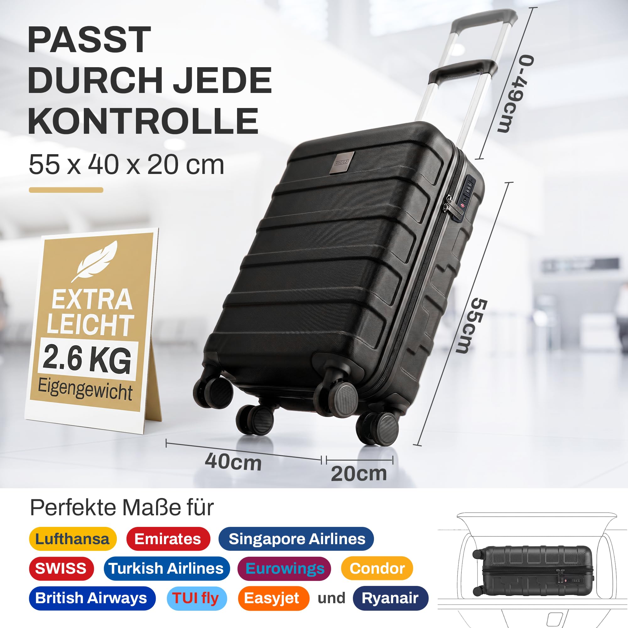 Trolley Handgepäck Koffer 55x40x20cm, Hartschalenkoffer klein mit TSA Schloss und sanften 360° Rollen, 36L Volumen, passend für Lufthansa, Ryanair und Eurowings, All Black (Schwarz)