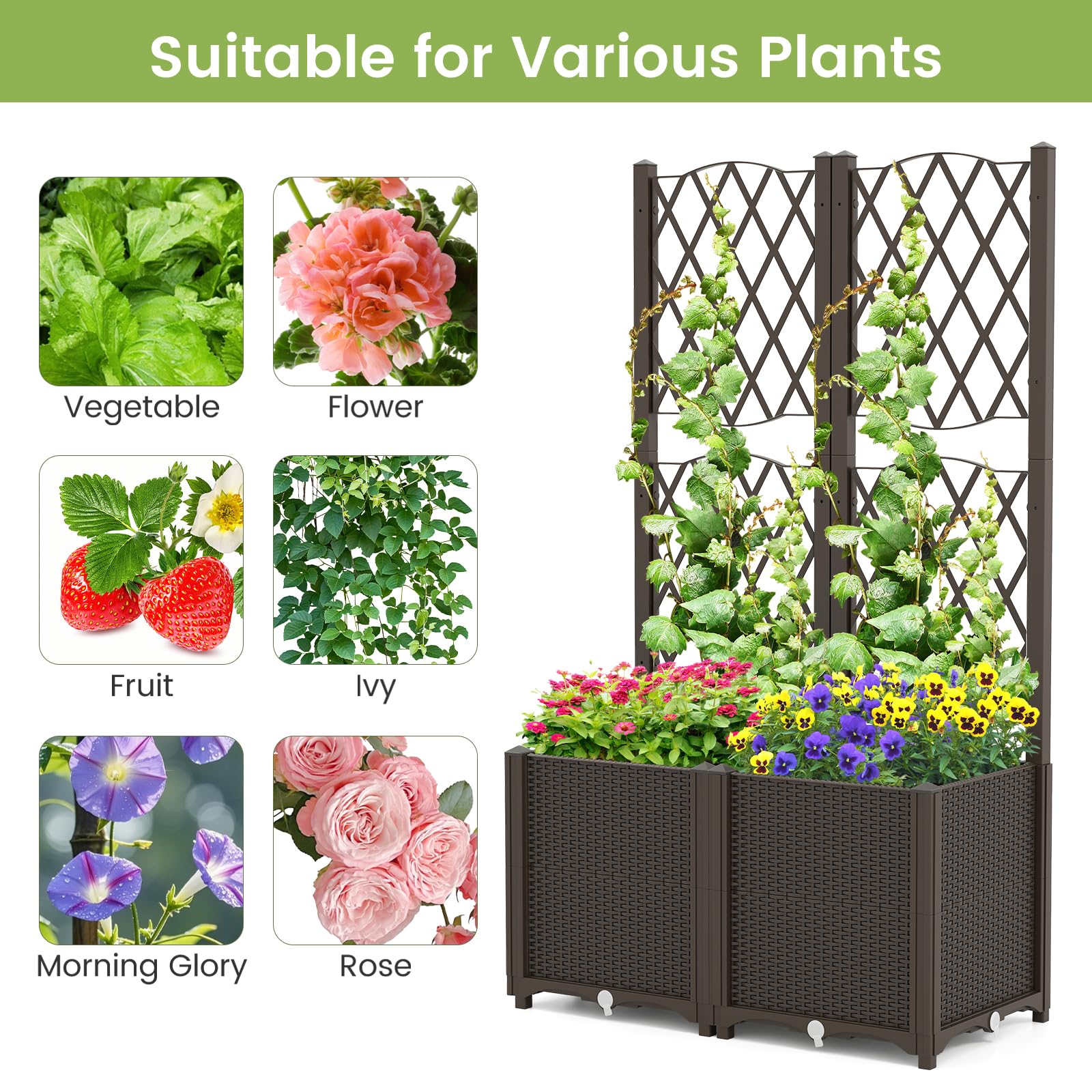 HOMASIS Jardinera con Celosia Exterior de PP, Jardinera Elevada Rectangular con Soporte para Plantas Trepadoras, Autoriego,Cama de Jardín Grande para balcón,Terraza,Patio (marrón, 80x40x140cm)