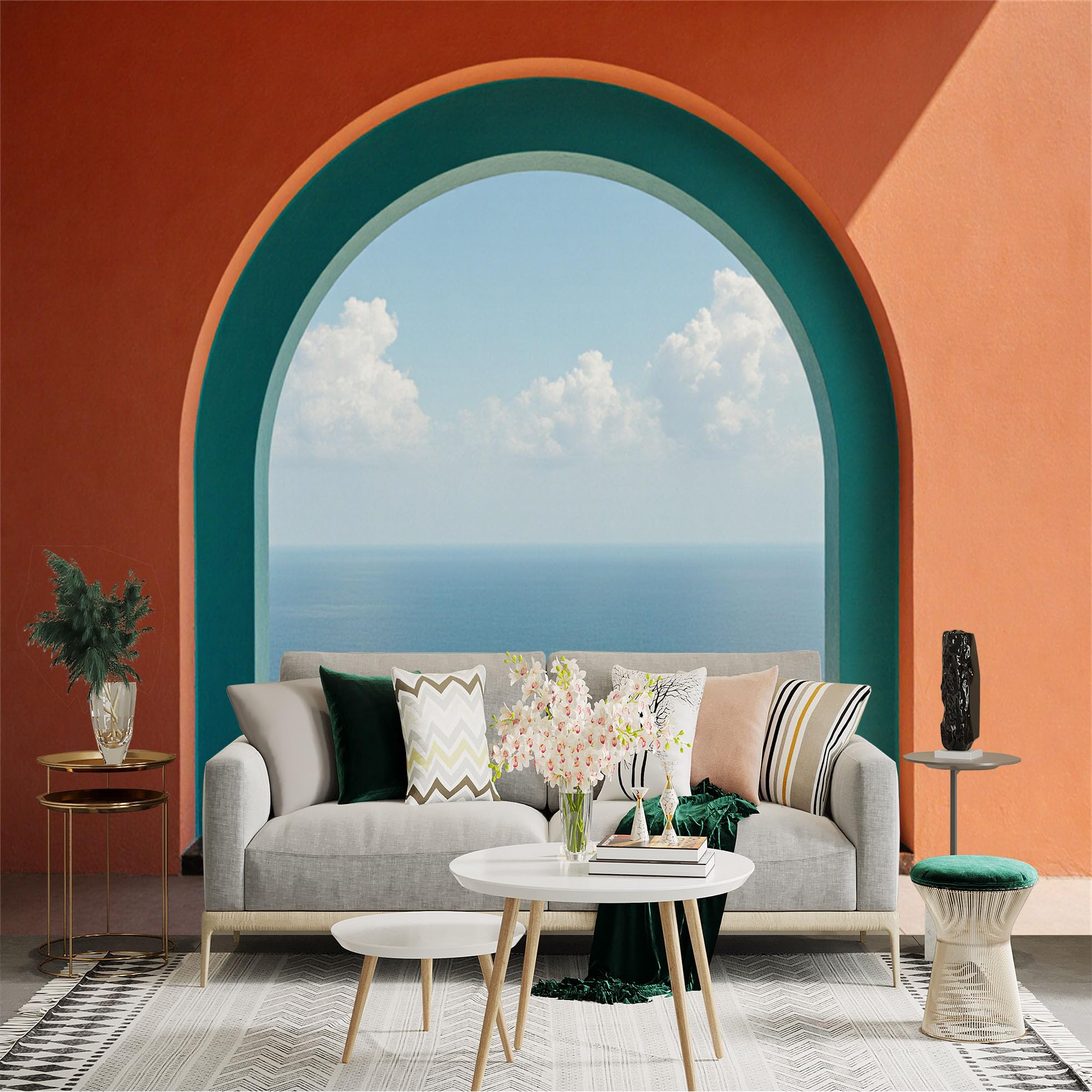 Custom Size Wall Sticker Mural， Mediterranean Sea View Through Arched Window， Sunny Coastal Terrace， Blue Ocean and Clouds， for wall Decoration， peelandstick wall Decals.