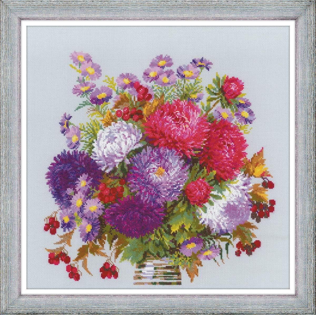 RIOLIS - Bouquet with Asters 1773, Floral Cross Stitch Kits 15,75" x15,75, Cross Stitch Kits for Beginners & Advanced, Crossstitching Kits Adult, Counted Stitching Kits, Flowers Embroidery Kit
