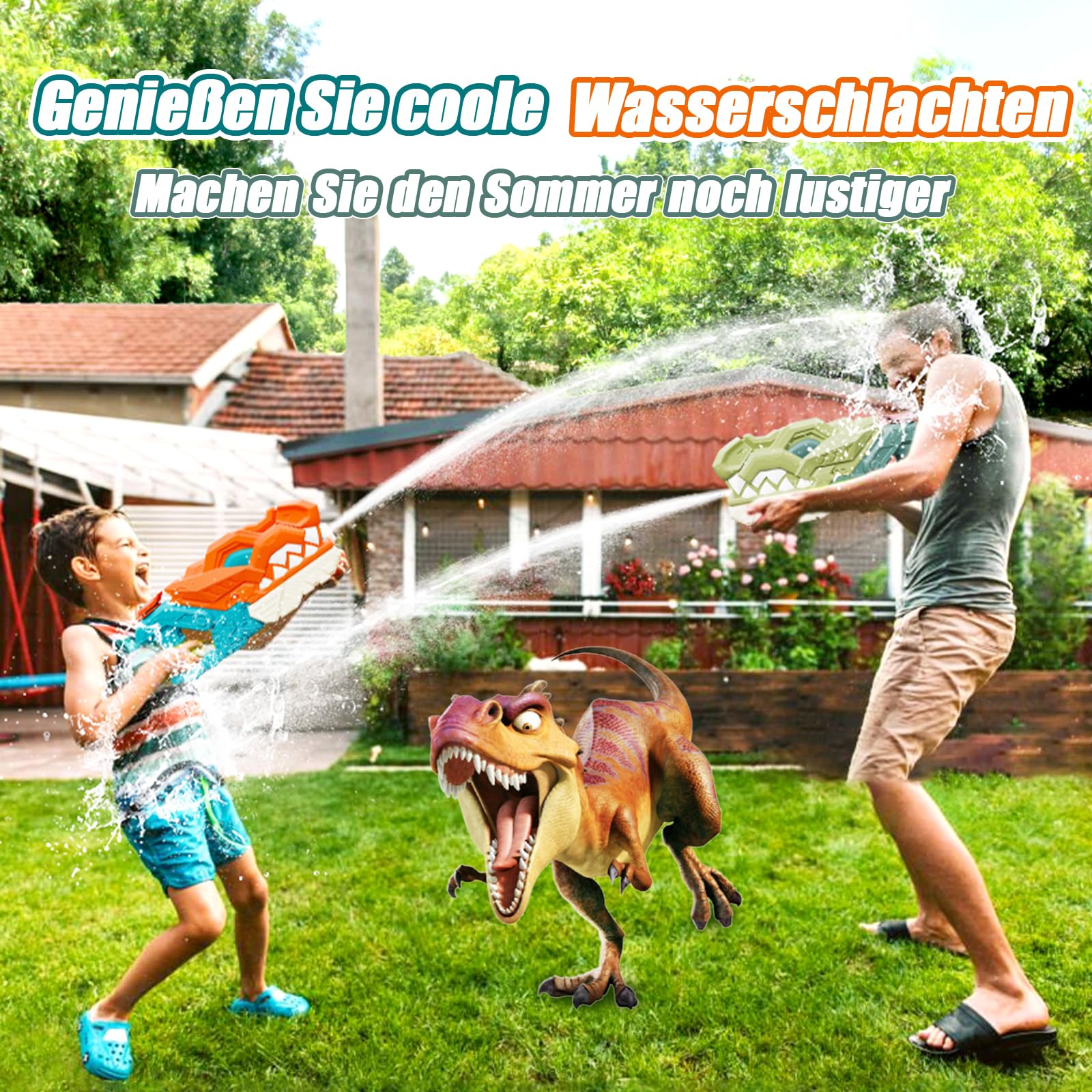 weirtoya 2 Stück Dinosaurier Wasserpistole Kinder&Erwachsene, 580ml Wasserspritzpistole 7-10m Powered Water Gun, Geeignet für Wasserpartys, Poolpartys und Wasserpistolenschlachten
