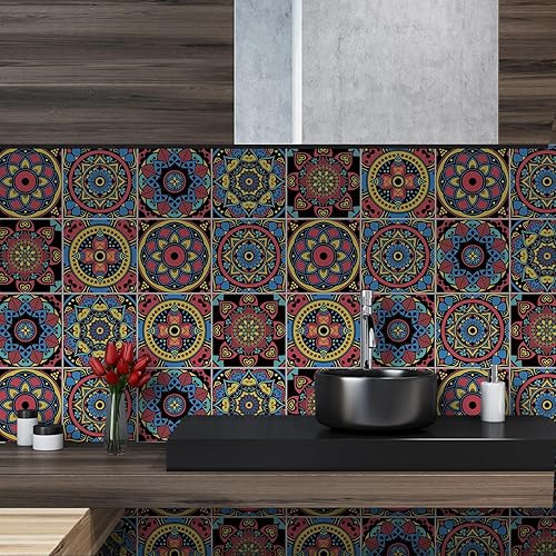 Vista 29 de Lukery Azulejo de despegar y pegar, impermeable, para cocina, mandala, azulejos autoadhesivos, azulejos de PVC, azulejos de pared, azulejos