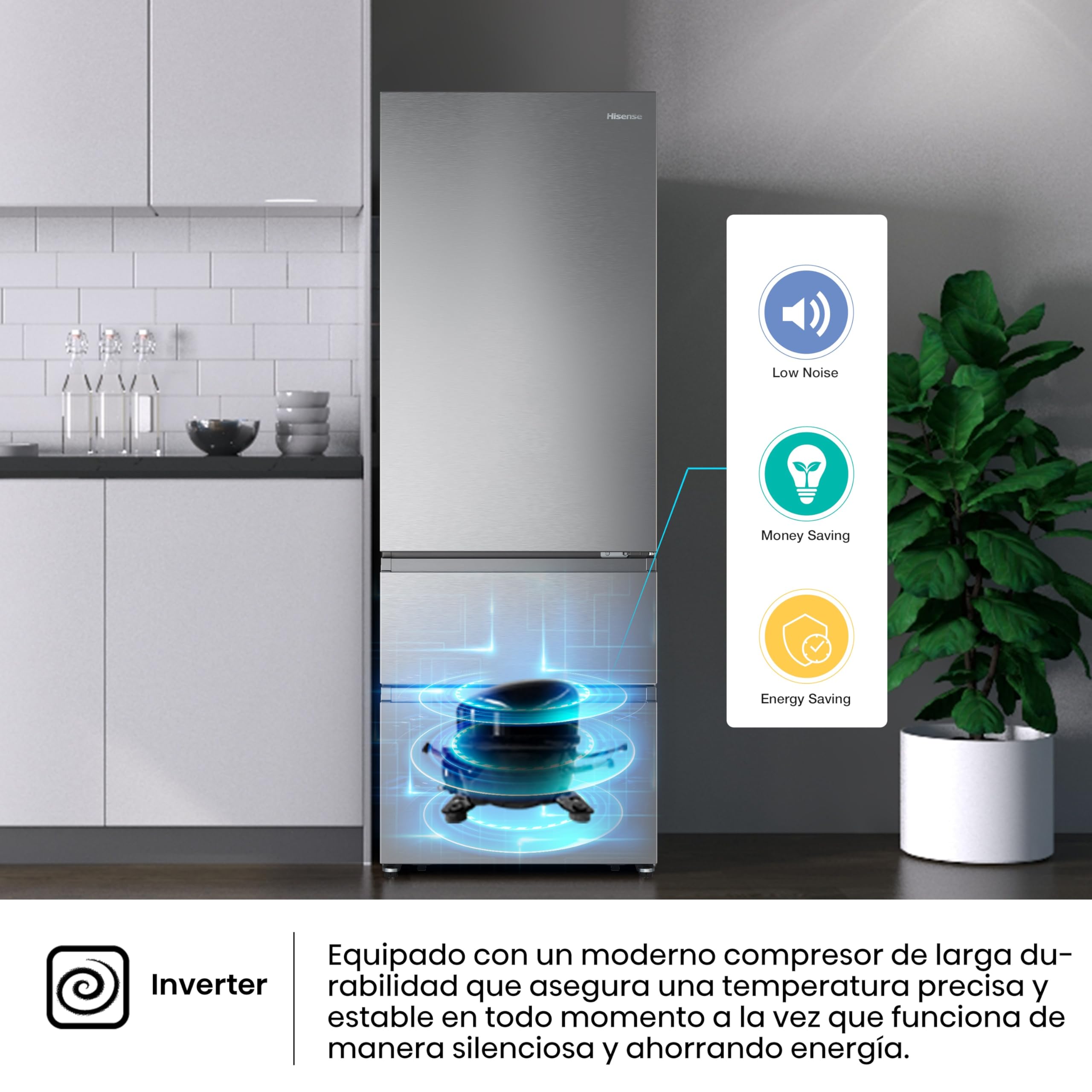 Hisense RT641N4AIE - Frigorífico Combi No Frost Inox Puerta Francesa, Eficiente Clase E, Capacidad 493 L con 200 cm Alto, Super Freeze, Total No Frost, Puerta Reversible, Silencioso 38dB, Color Inox
