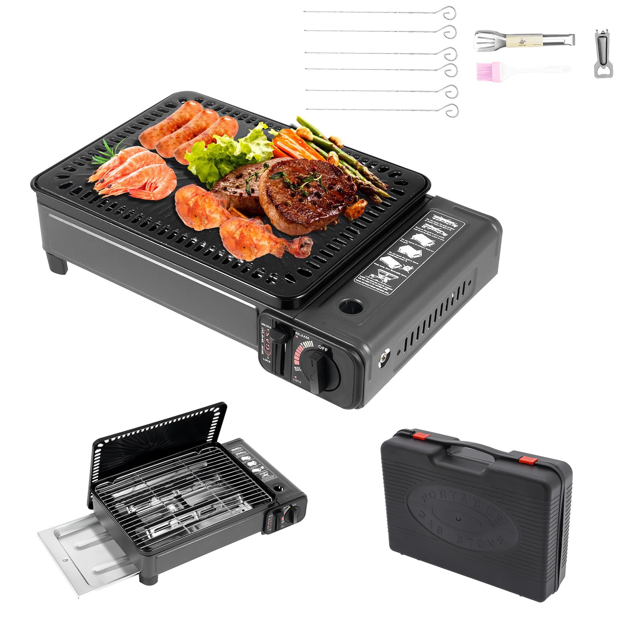 Tragbarer Tischgrill Gas, Camping Grillset BBQ Set Gaskocher Campingkocher mit Grillnetz Kassettengrill mit Grillpfanne Outdoor Gaskocher Gasgrill mit Koffer