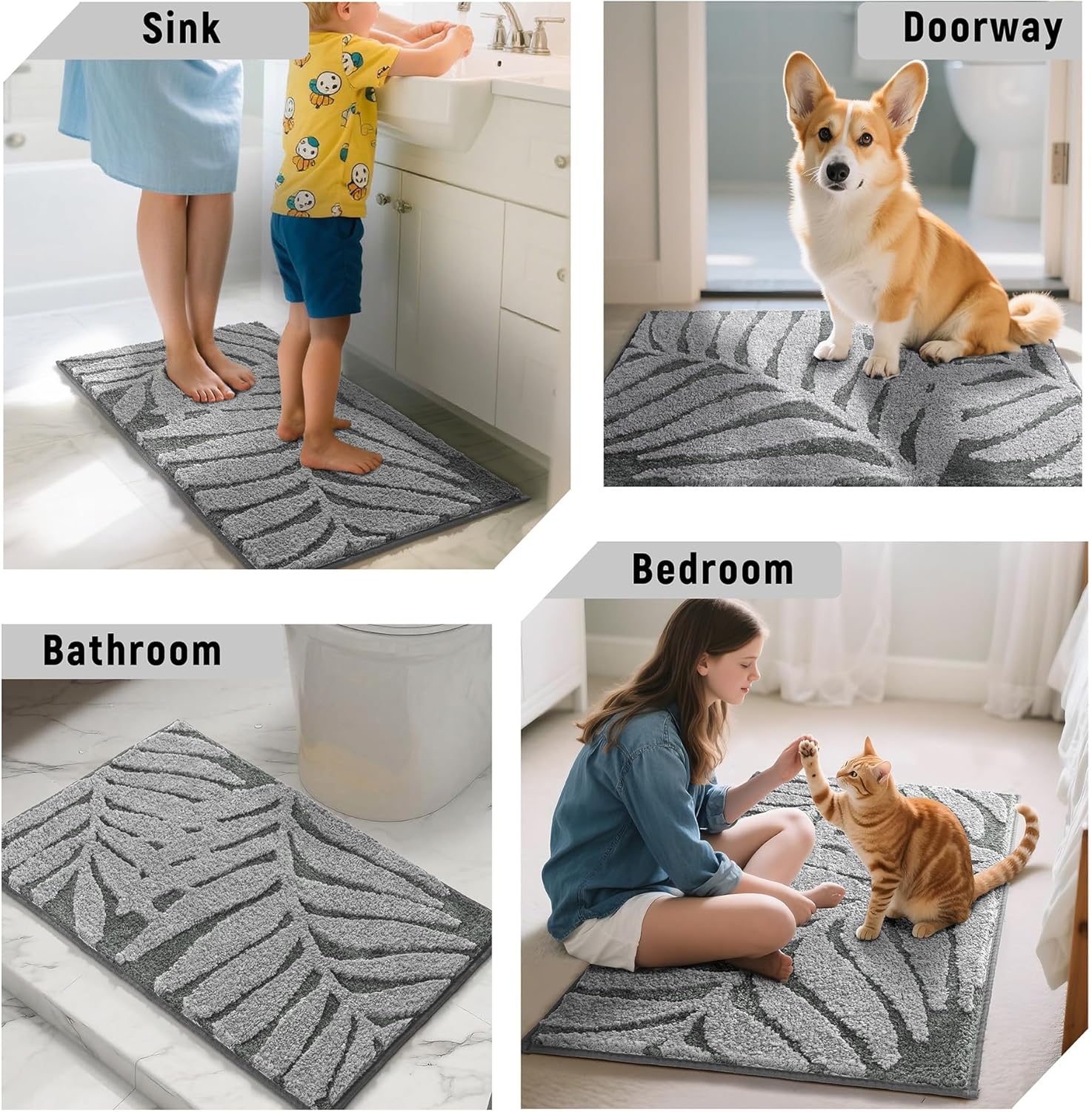 Grey Bathroom Rugs 20x32, Leaf Bath Mats, Non-Slip Washable Bathroom Mat, Plush Fluffy Soft Absorbent Microfiber Bath Rug for Sink Basin Bathtub Shower Bedroom Floor