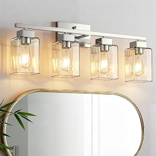 PARTPHONER 4-Light Bathroom Light Fixtures, Brushed Nickel Modern Vanity Lights, Bathroom Lighting Fixtures Over Mirror, Square Design Farmhouse Wall Sconces with Clear Glass Shades