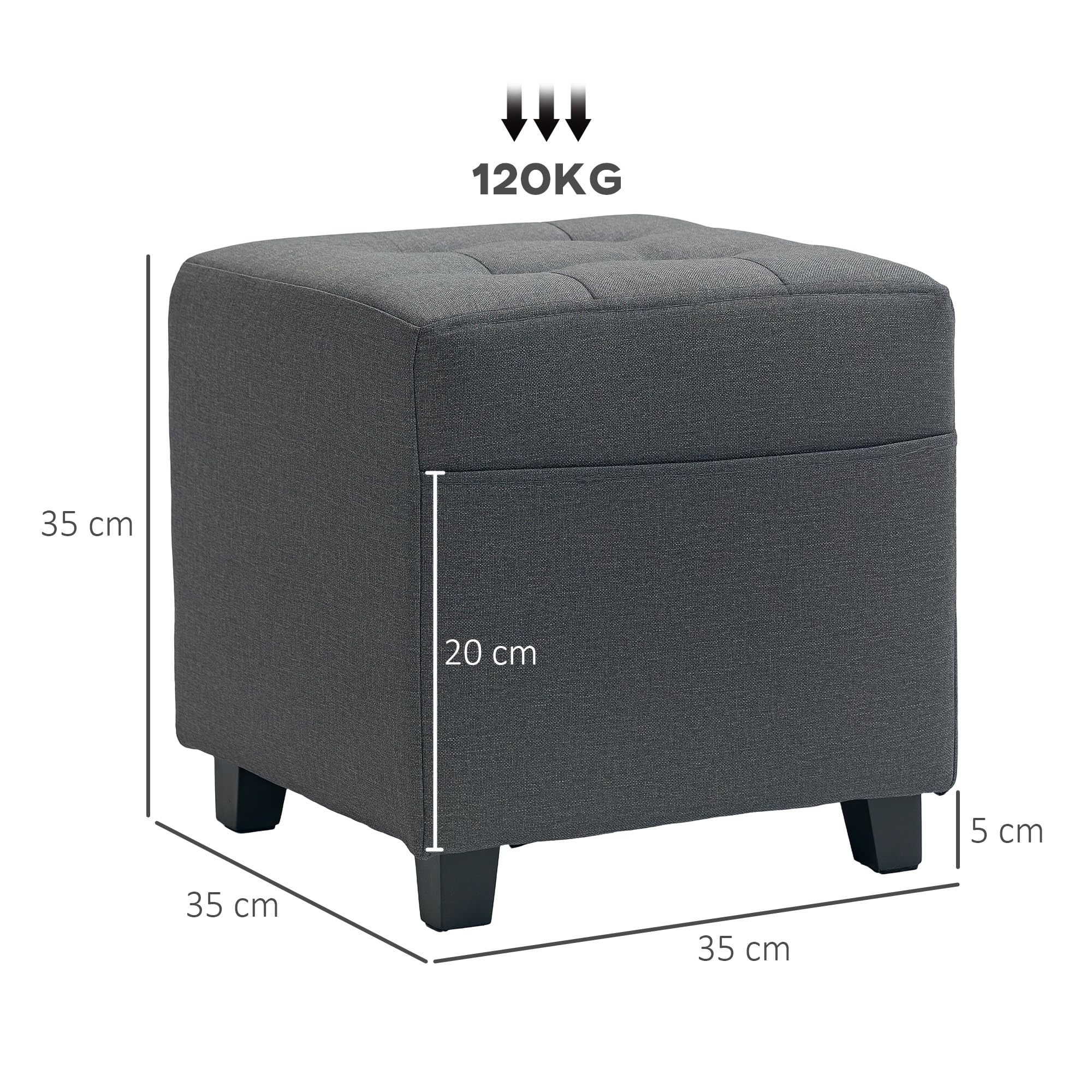 HOMCOM Poggiapiedi Soggiorno, ottomano, seduta imbottita imbottita imbottita in tessuto effetto lino, con tasca laterale, pouf soggiorno, struttura in legno, per camera da letto, ingresso, 35 x 35 x